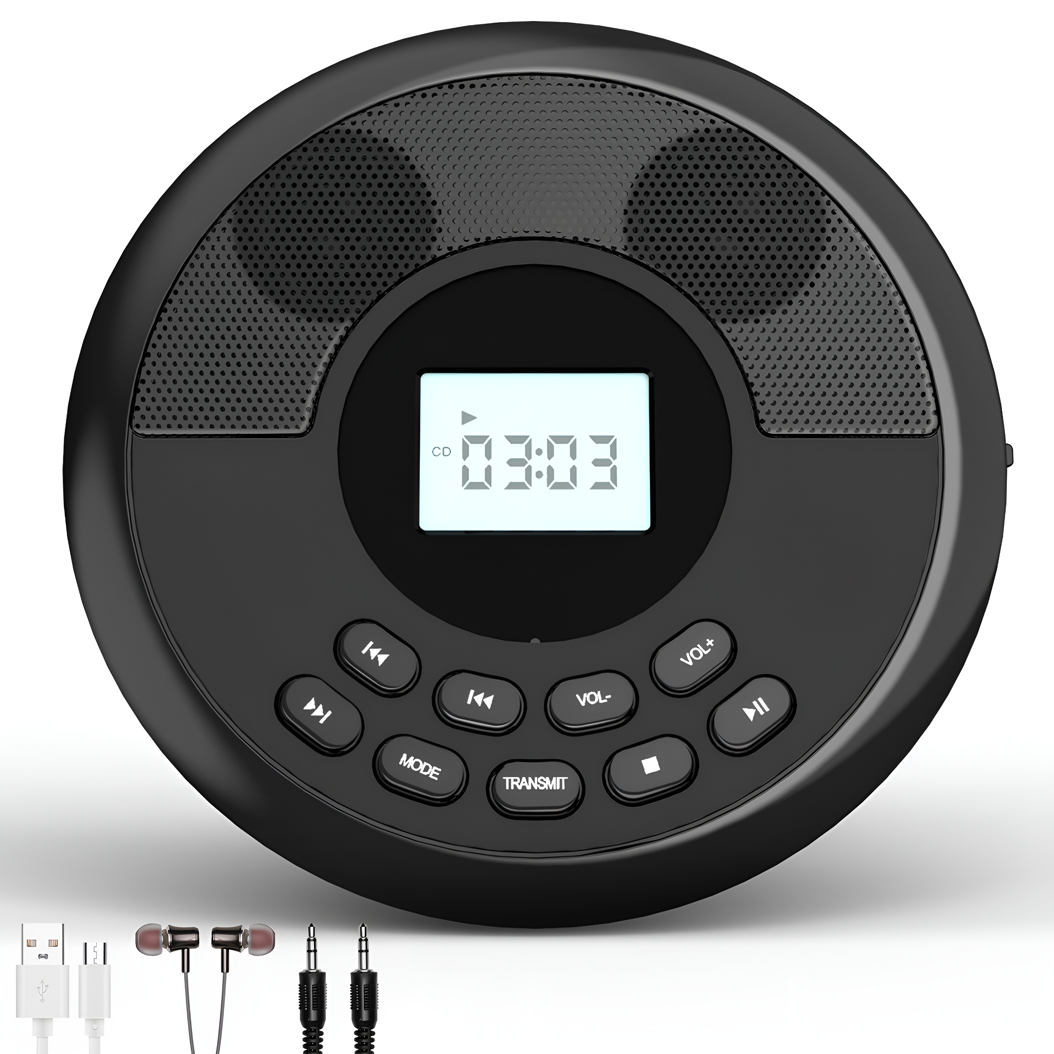 Schwarzer CD-Player mit Knöpfen, Bildschirm und Kopfhörern, mit weißem Hintergrund.