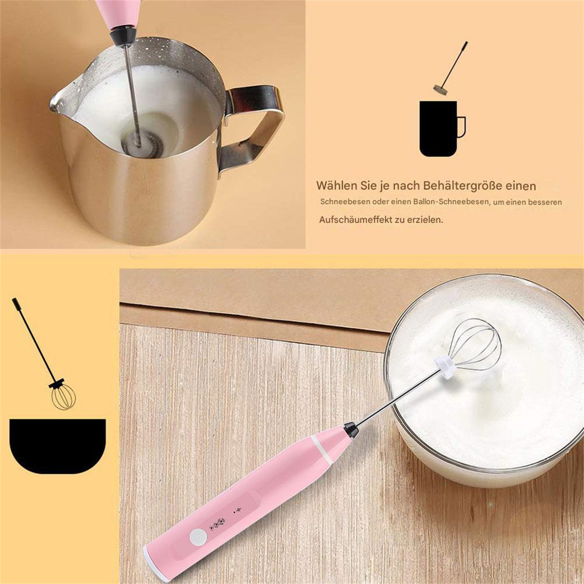 Ein rosa elektrischer Milchaufschäumer mit Milch, einem Milchkännchen und einem Schneebesen. Ein paar Schritte werden gezeigt.