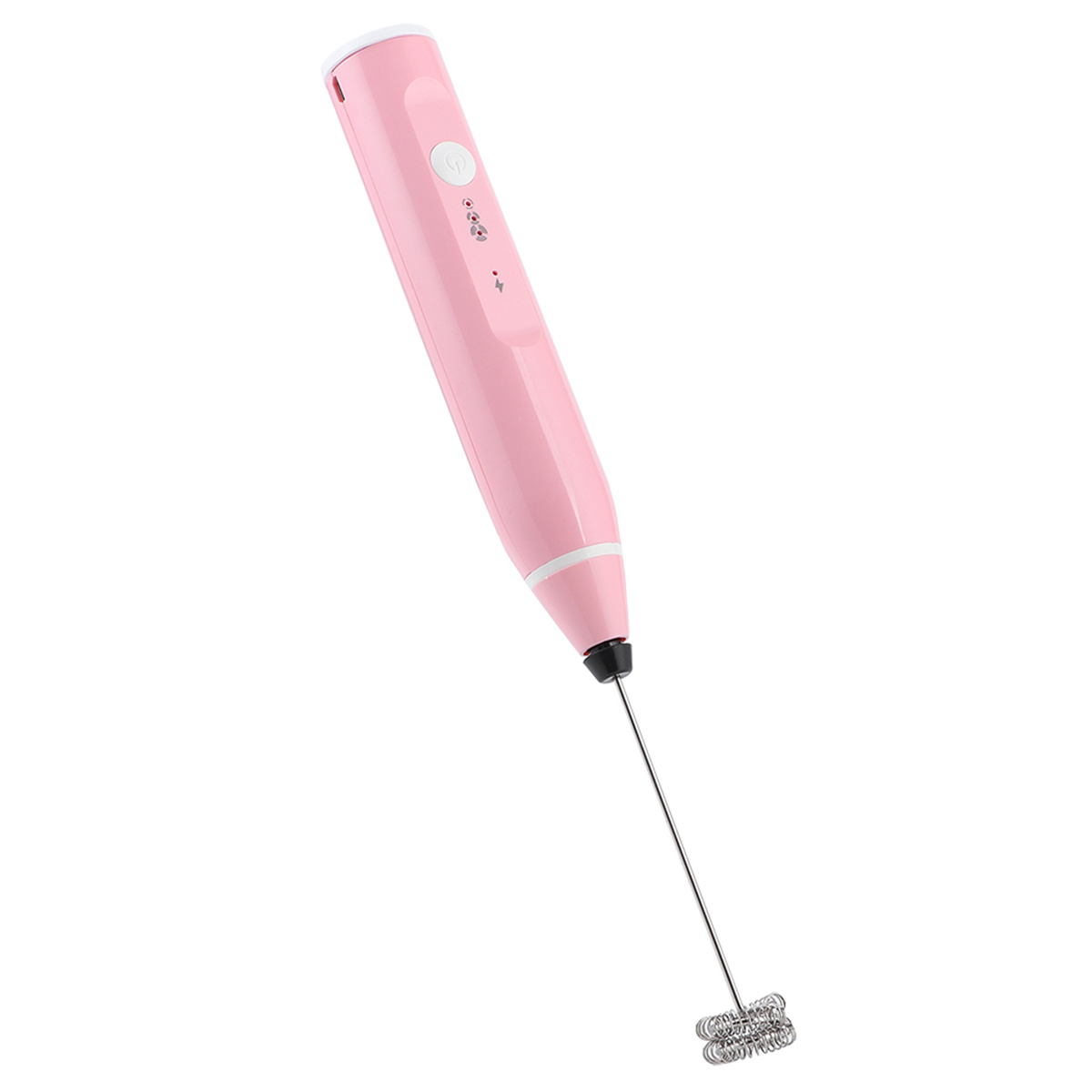 Ein rosa Hand-Milchaufschäumer auf weißem Hintergrund. Der Schneebesen des Aufschäumers ist sichtbar.
