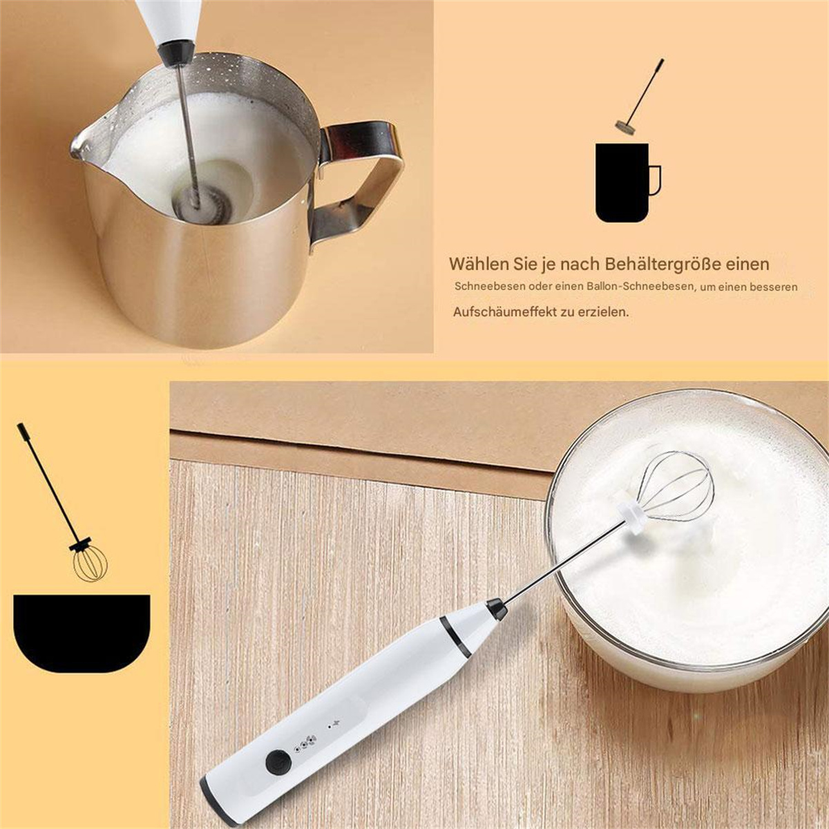 Ein Milchaufschäumer in Gebrauch. Ein Edelstahlkrug mit Schaum und ein Schneebesen und Aufschäumer.