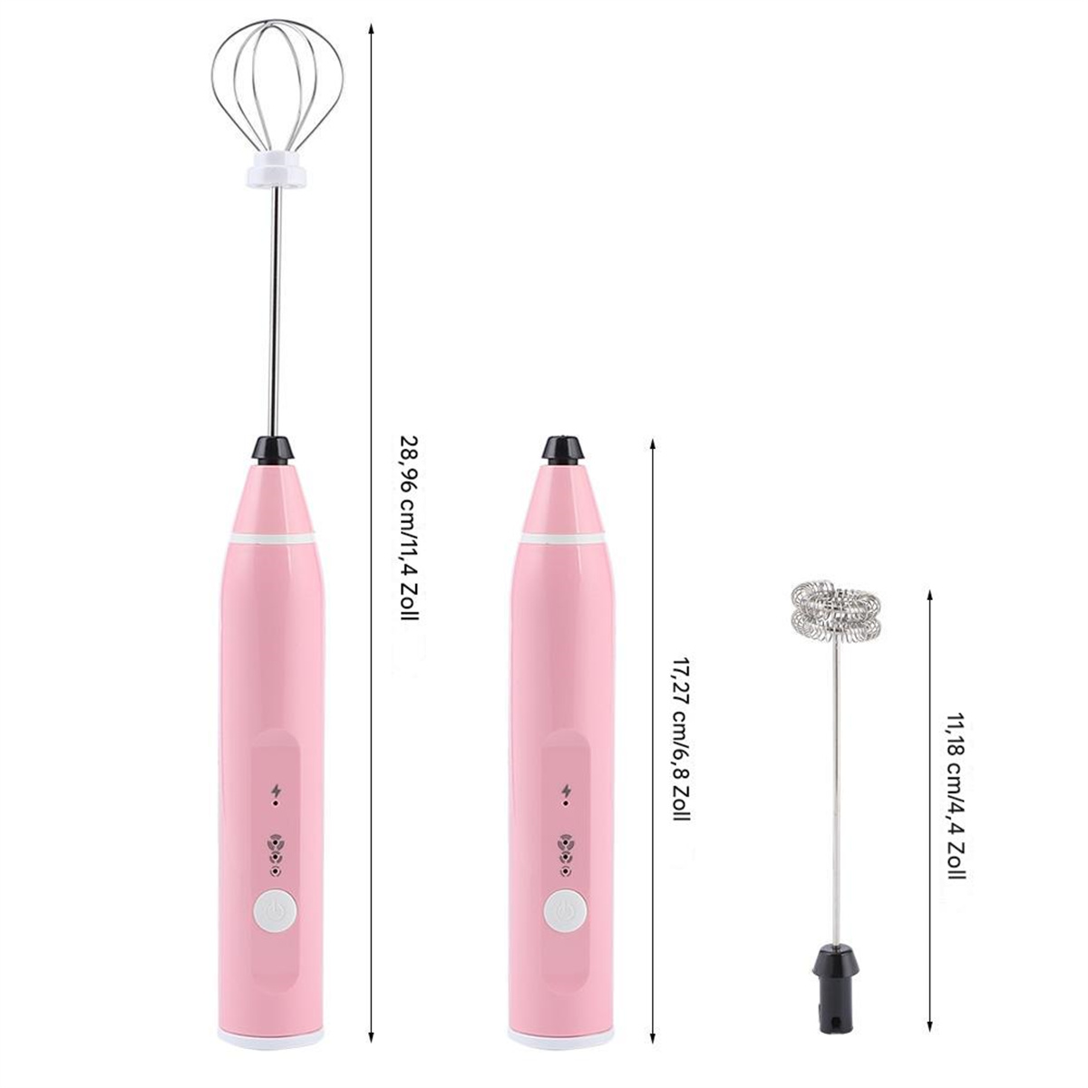 Ein rosa elektrischer Milchaufschäumer mit zwei Schneebesenaufsätzen und Maßen.