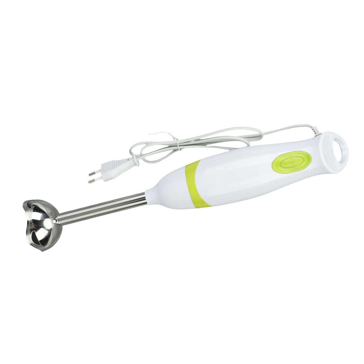 Weißer und grüner Stabmixer mit silberner Klinge und Stecker. Es ist auf weißem Hintergrund.