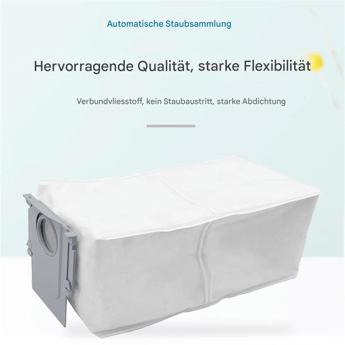 Ein weißer Staubsaugerbeutel mit grauem Kunststoffverschluss.