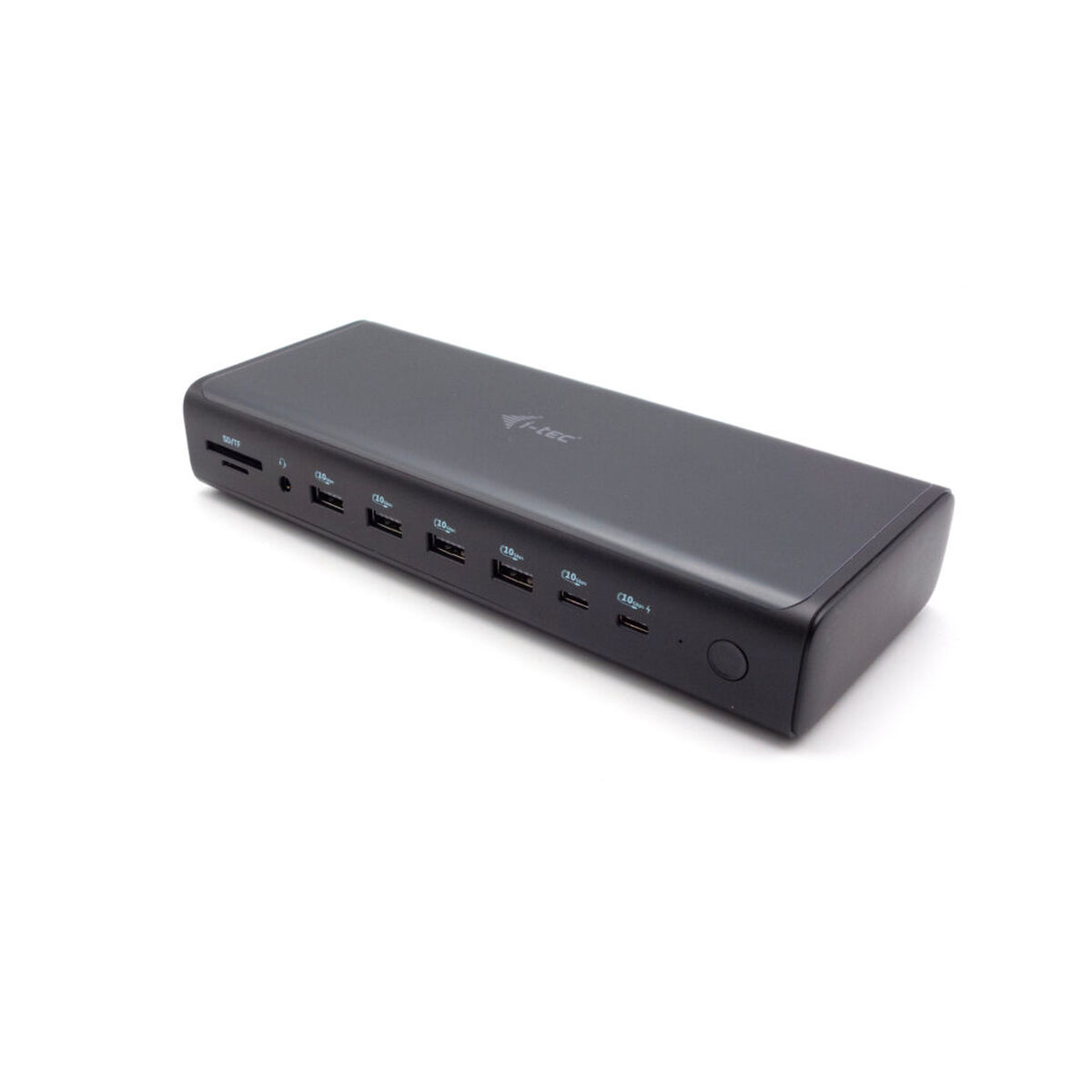 Schwarzer USB-Hub mit mehreren Anschlüssen. Isoliert auf weißem Hintergrund.