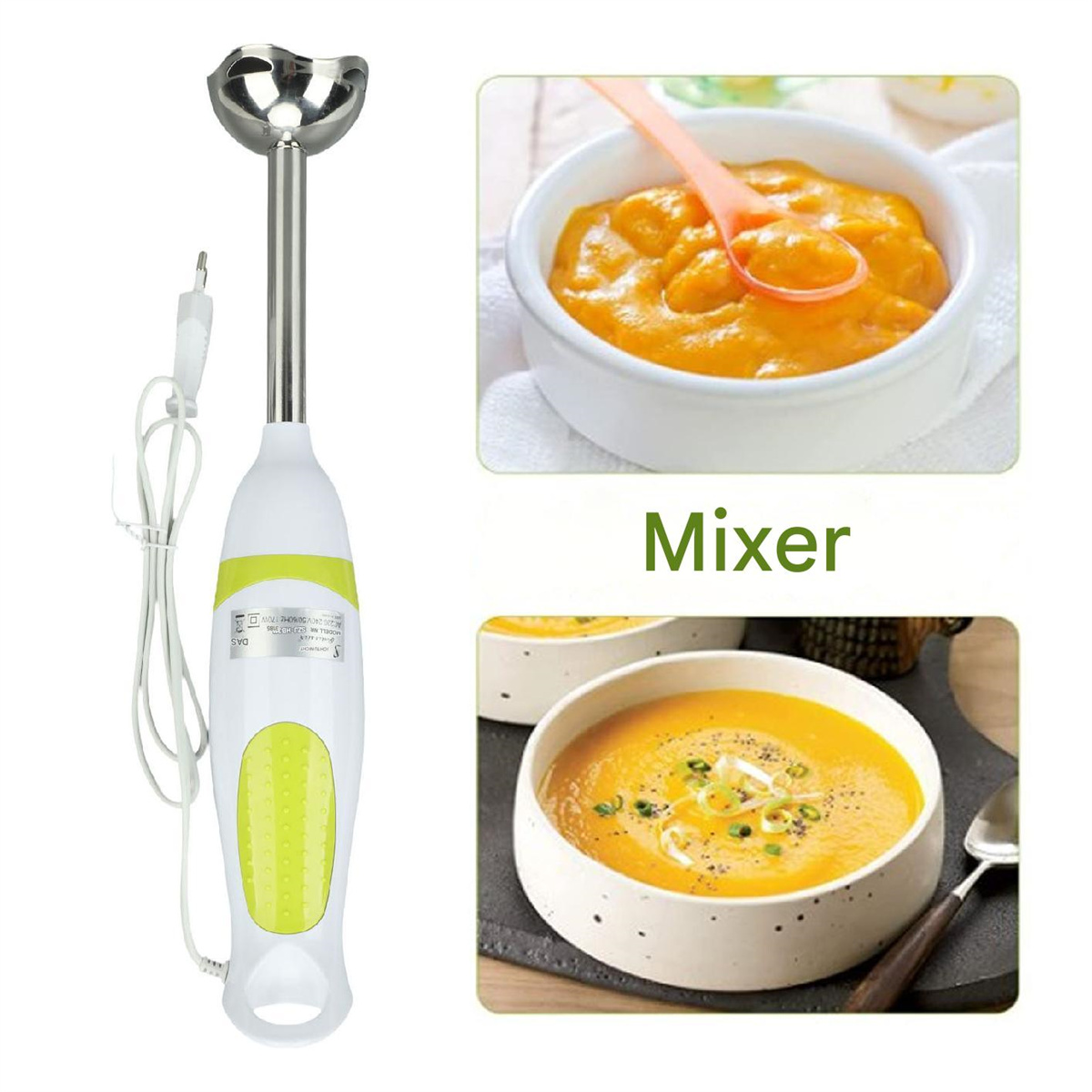 Ein weißer und grüner Stabmixer mit Essen und Bildern im Hintergrund.