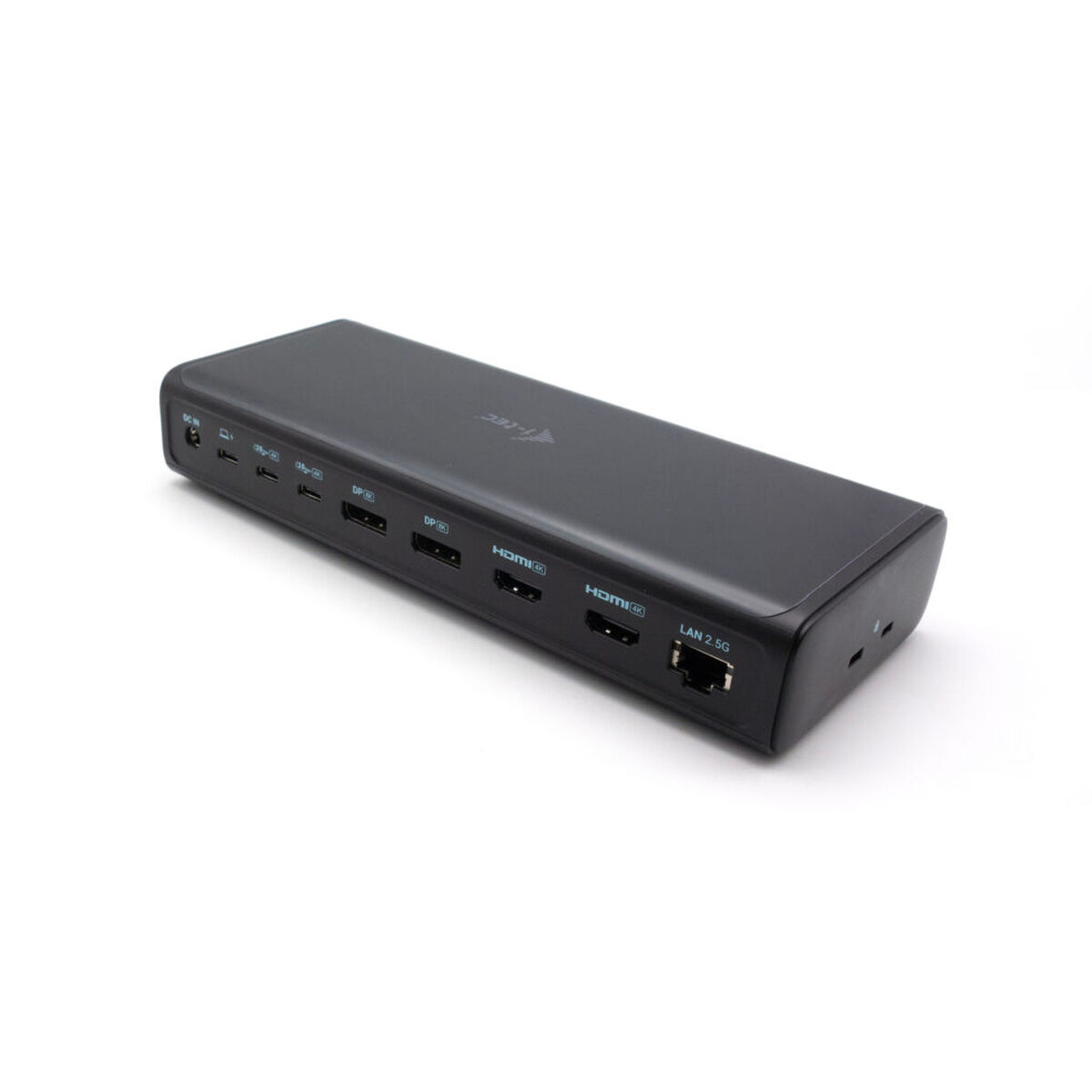 Eine schwarze, rechteckige Dockingstation mit mehreren Anschlüssen. Anschlüsse sind HDMI, DP und LAN 2.5G auf weißem Hintergrund.