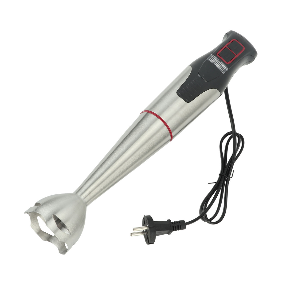 Silberner Stabmixer mit schwarzen und roten Akzenten. Er hat ein Kabel mit Stecker, auf Weiß.