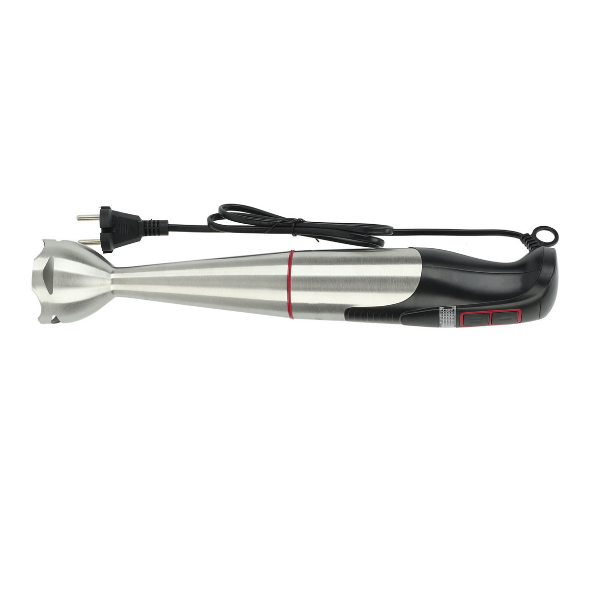 Handmixer mit schwarzem Griff und silbernem Mixkopf. Der Hintergrund ist weiß.