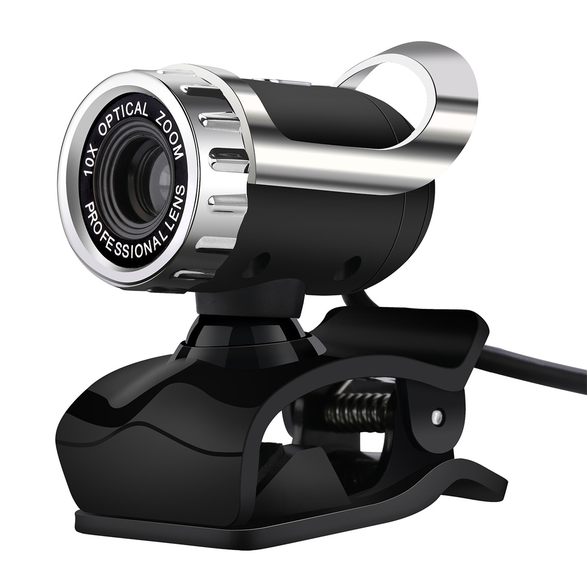 Schwarze Webcam mit silbernem Ring um die Linse und schwarzem Clip.
