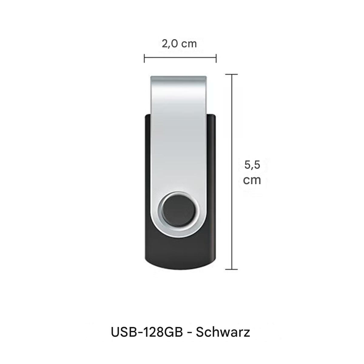 Schwarzer USB-Stick mit silberner Oberseite. Maße in Zentimetern angegeben.