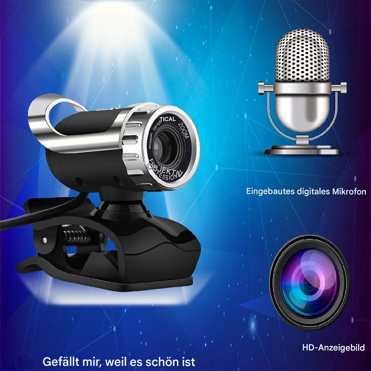 Eine schwarze Webcam und ein Mikrofon auf blauem Hintergrund. Es gibt eine Linse und ein Zoom-Label.