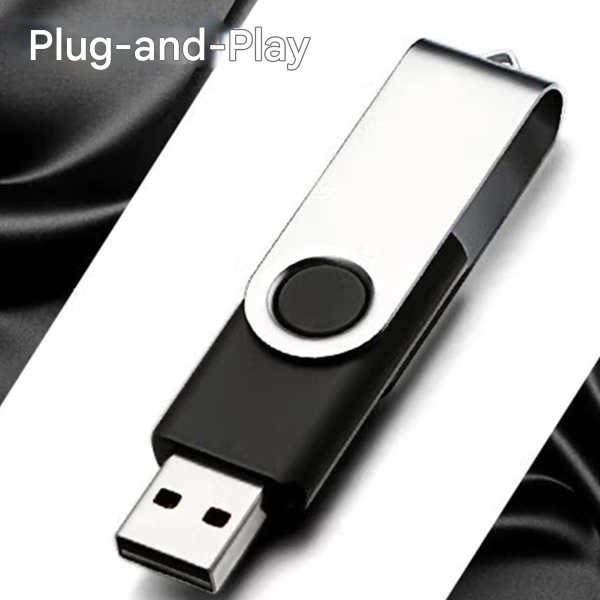 USB-Stick mit silbernem und schwarzem Gehäuse. Die Worte "Plug-and-Play" sind oben links.