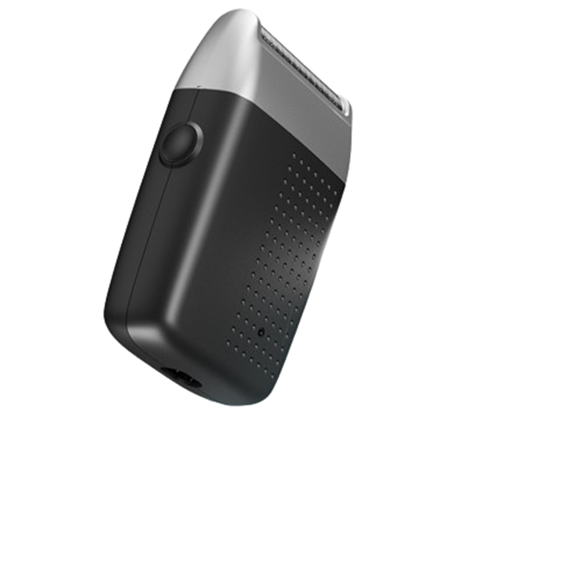 Elektrischer Rasierer in Schwarz und Silber. Es ist ein kleines Handgerät mit einem Rasiererkopf.