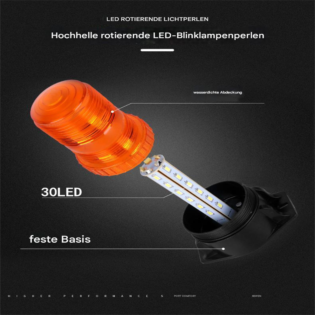 Orangefarbenes Notlicht mit LED-Leuchten. Das Licht ist zylindrisch und hat einen schwarzen Sockel.