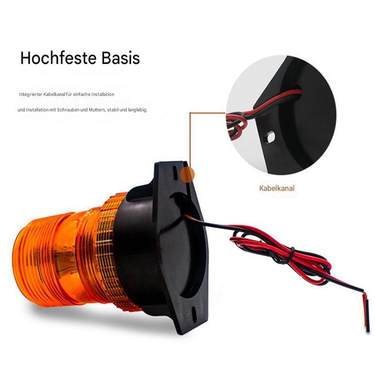 Nahaufnahme eines orangefarbenen Warnlichts mit schwarzem Sockel und Diagramm der Verkabelung.