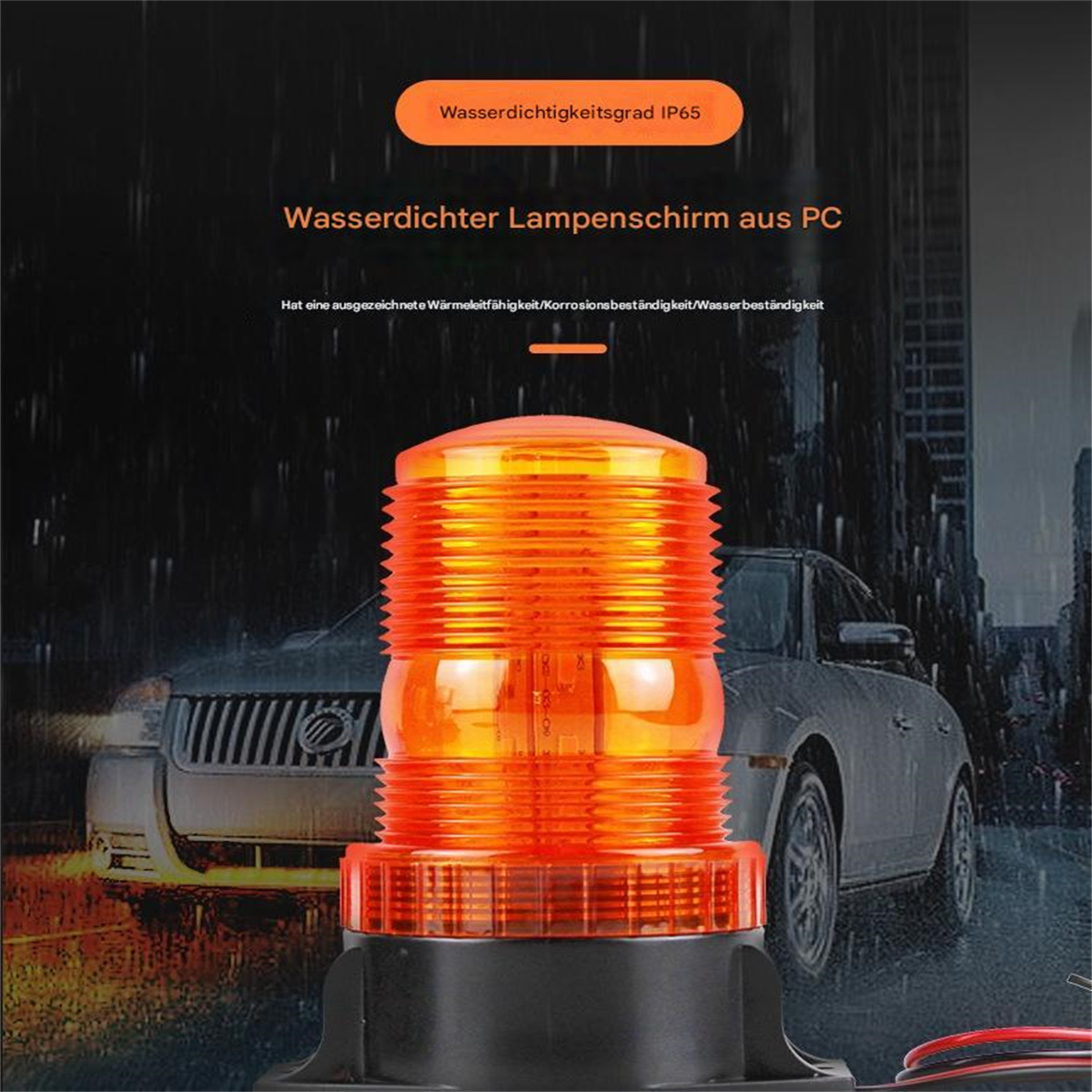 Orangefarbenes Notlicht mit schwarzem Sockel. Warntext über einer Straßenszene.