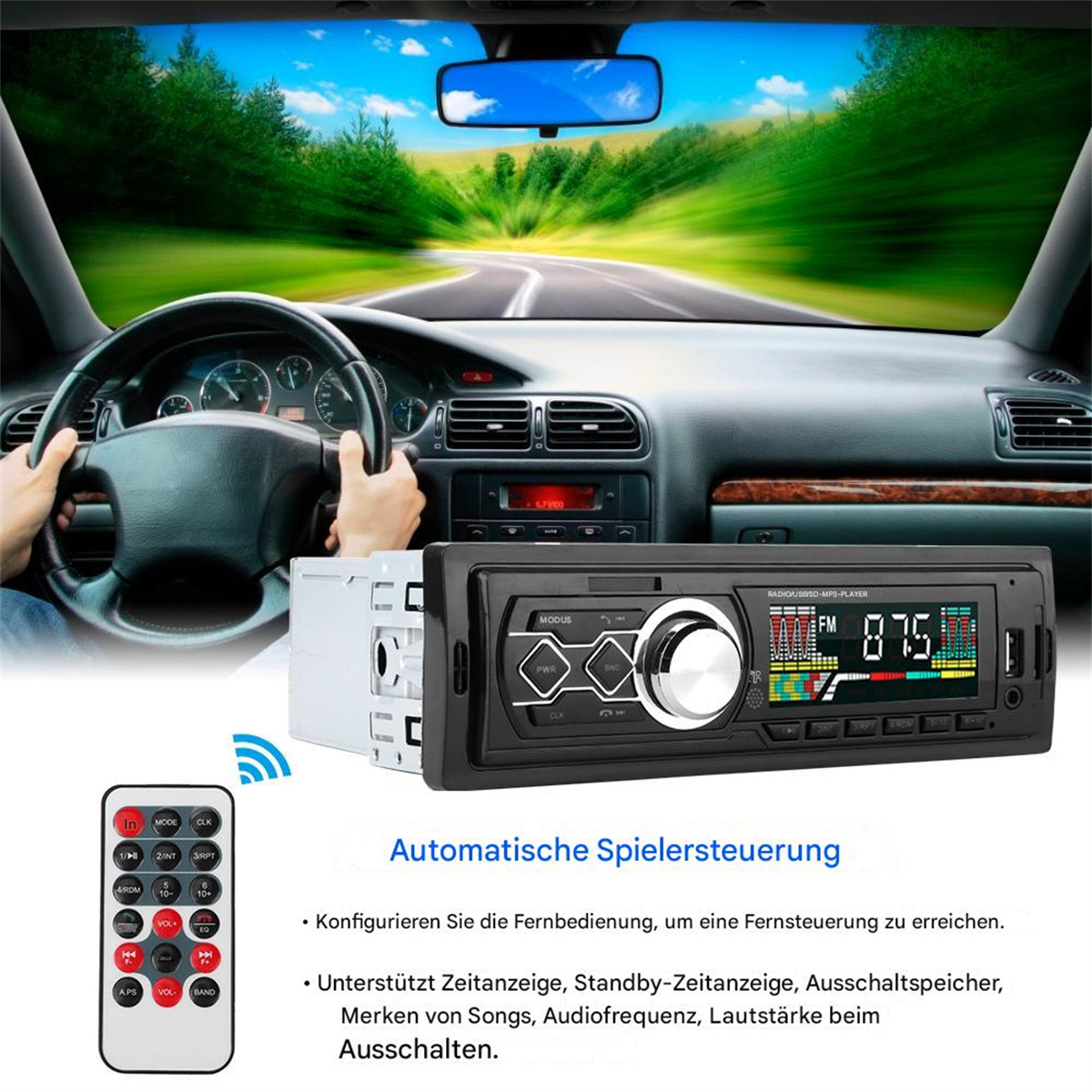 Ein Autoradio mit Fernbedienung auf einem Armaturenbrett. Das Radio ist schwarz mit Digitalanzeige.