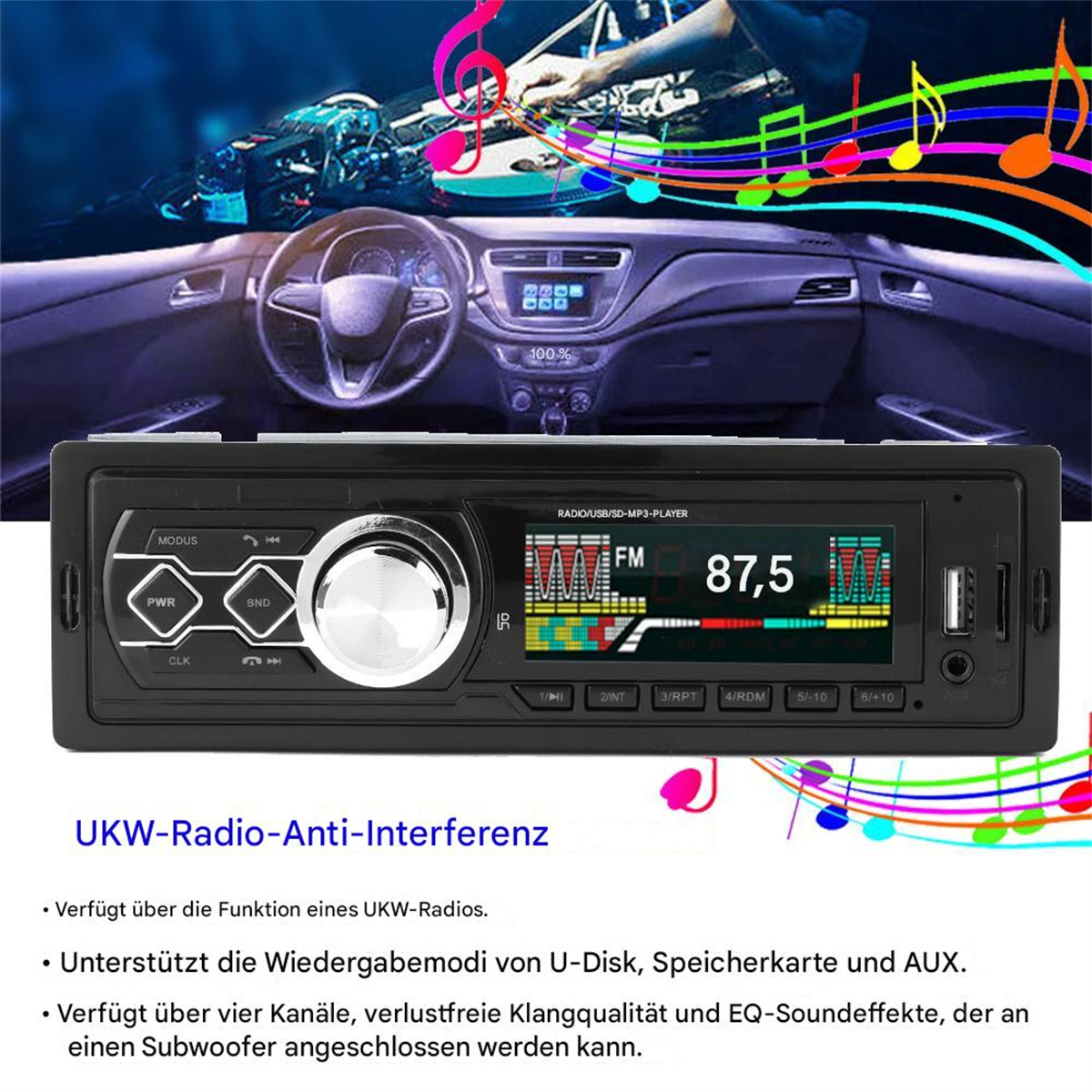 Autoradio mit Digitalanzeige. Armaturenbrettansicht mit bunten Musiknoten und Text auf Deutsch.