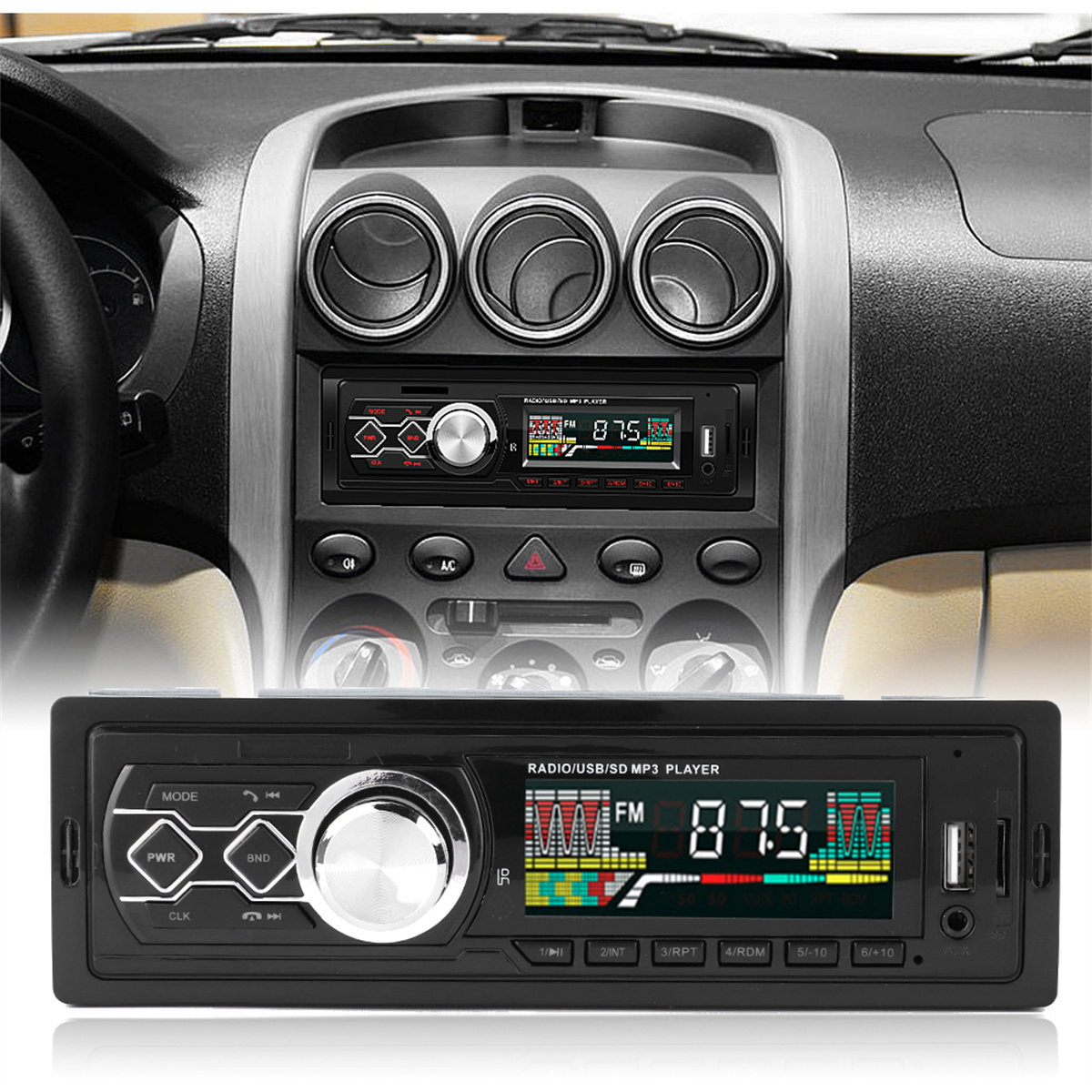 Autoradio mit Display. Das Display zeigt Zahlen und ein farbenfrohes Spektrum. Schwarzer Hintergrund.