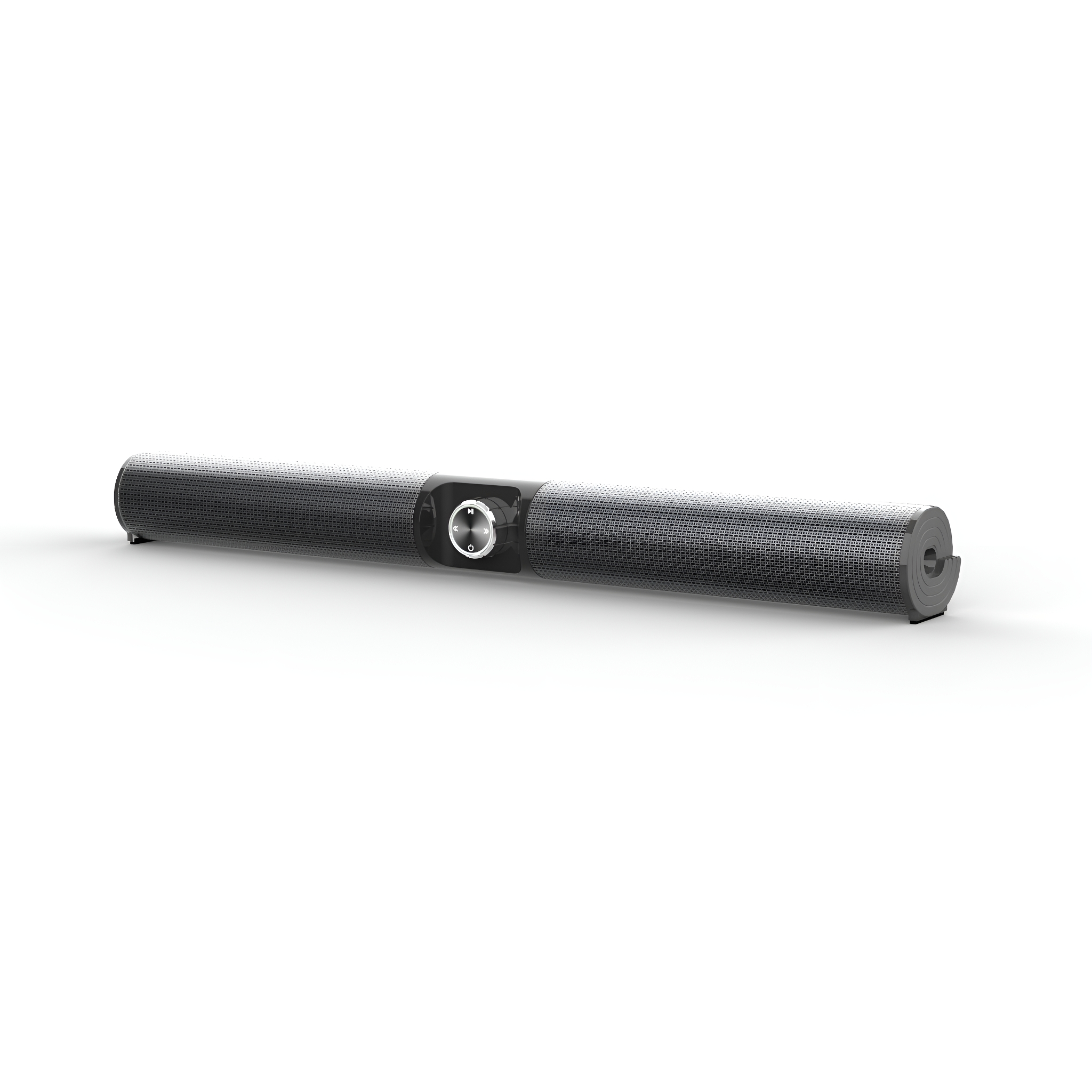 Eine schwarze Soundbar auf weißem Hintergrund. Sie hat einen silbernen Knopf und Lautsprechergitter.
