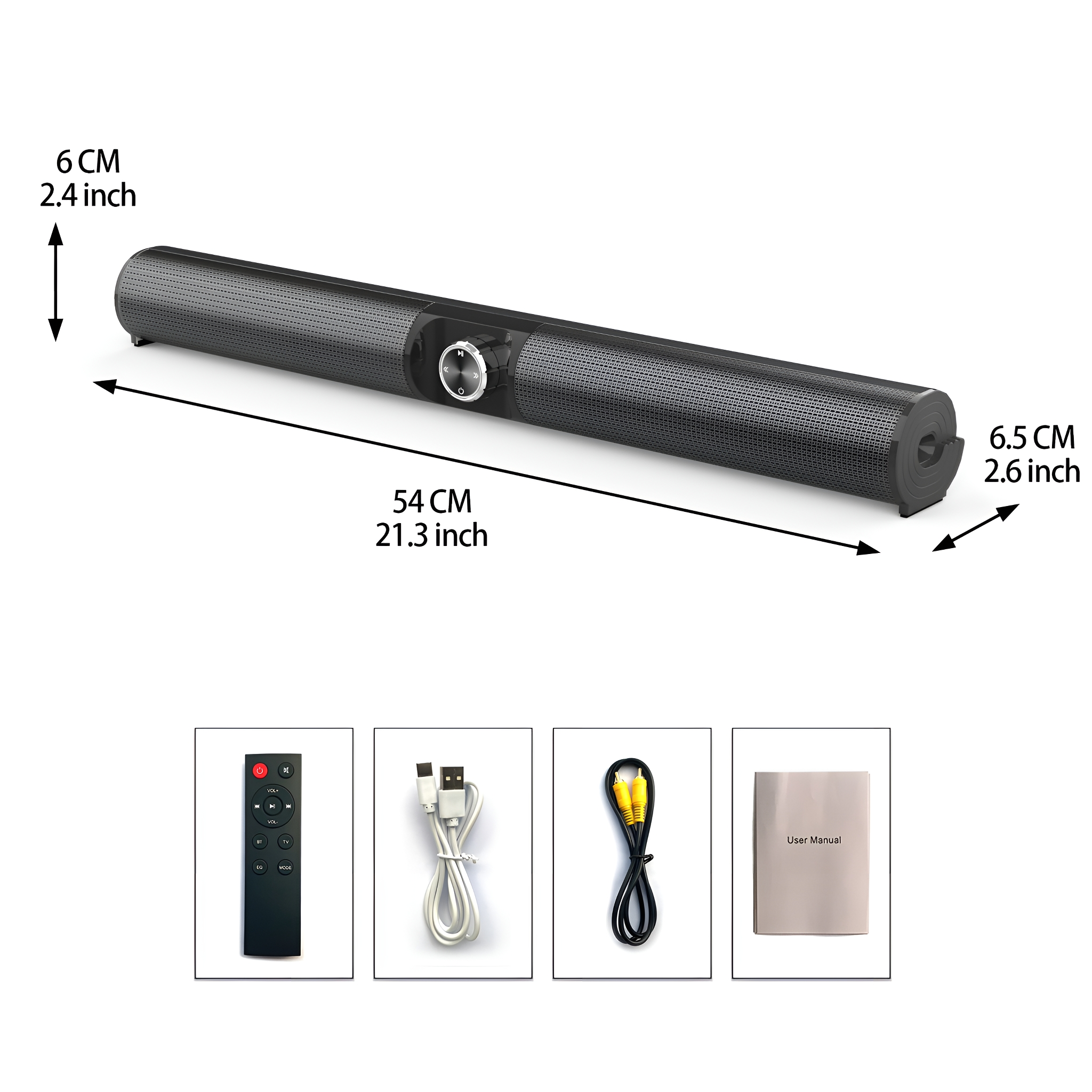 Eine schwarze Soundbar mit Maßangaben, mit Fernbedienung, Kabel und Handbuch.