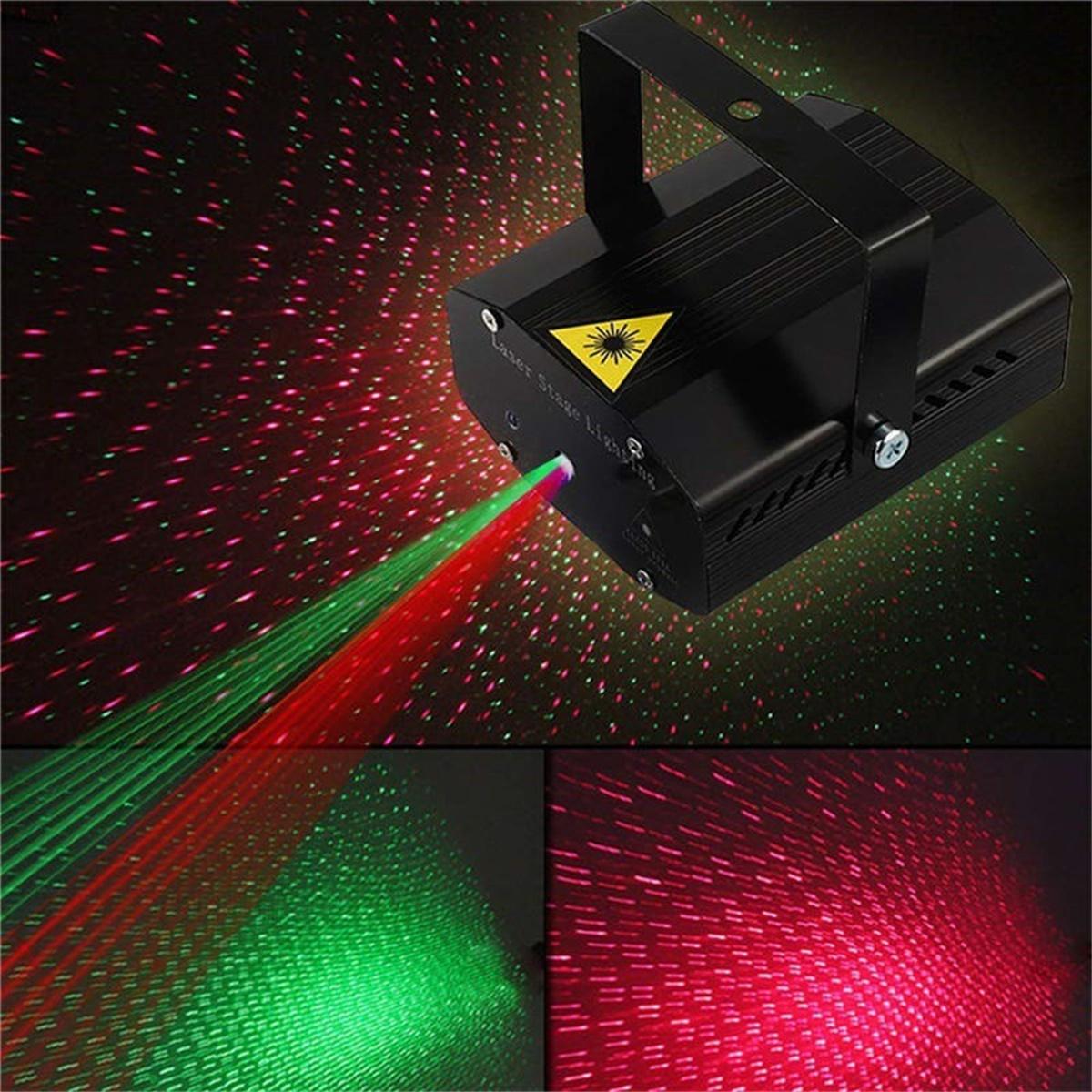 Schwarzes Laser-Bühnenbeleuchtungsgerät, das grüne und rote Strahlen aussendet. Der Hintergrund ist dunkel mit Punkten.