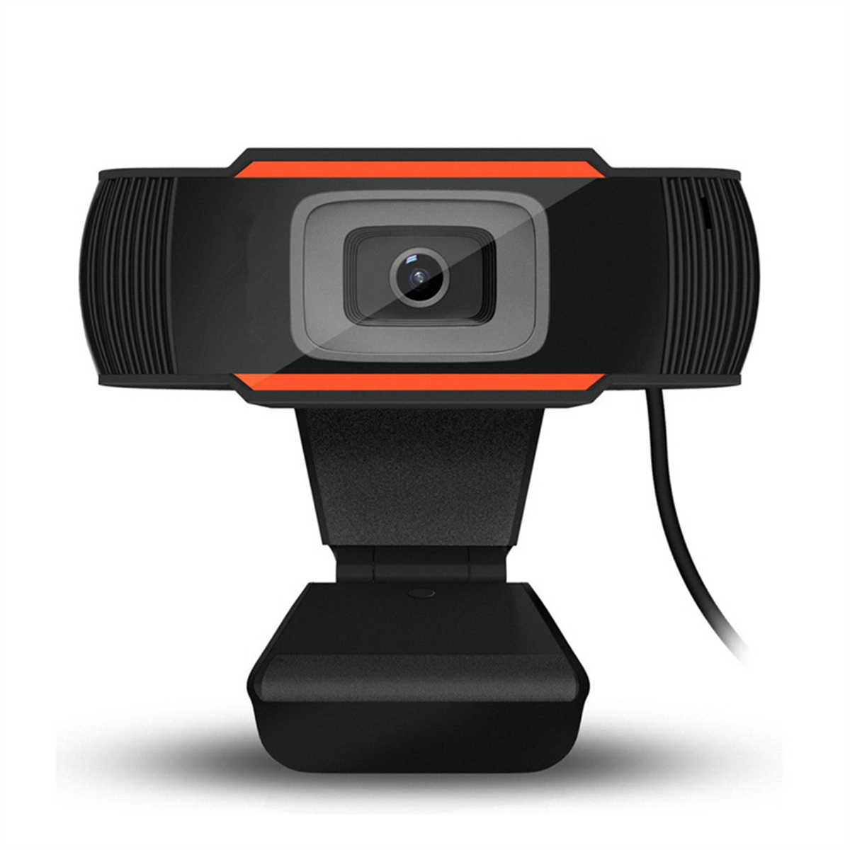 Eine schwarze Webcam mit orangefarbenem Streifen und schwarzem Sockel.