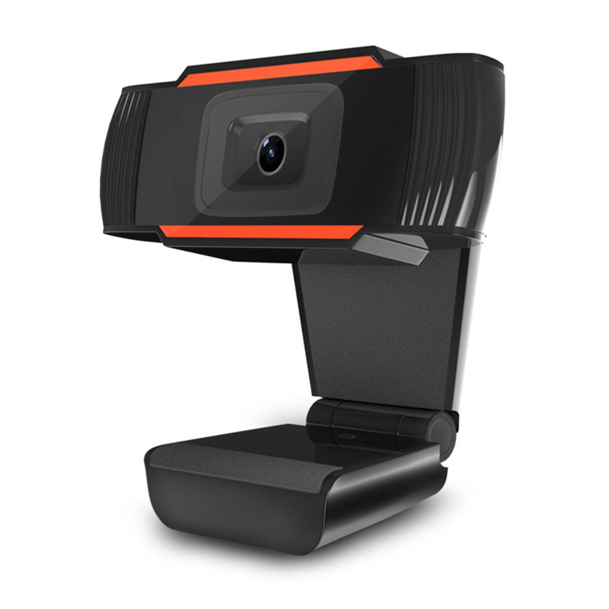 Eine schwarze Webcam mit orangefarbenen Akzenten auf weißem Hintergrund. Sie ist nach vorne angewinkelt.