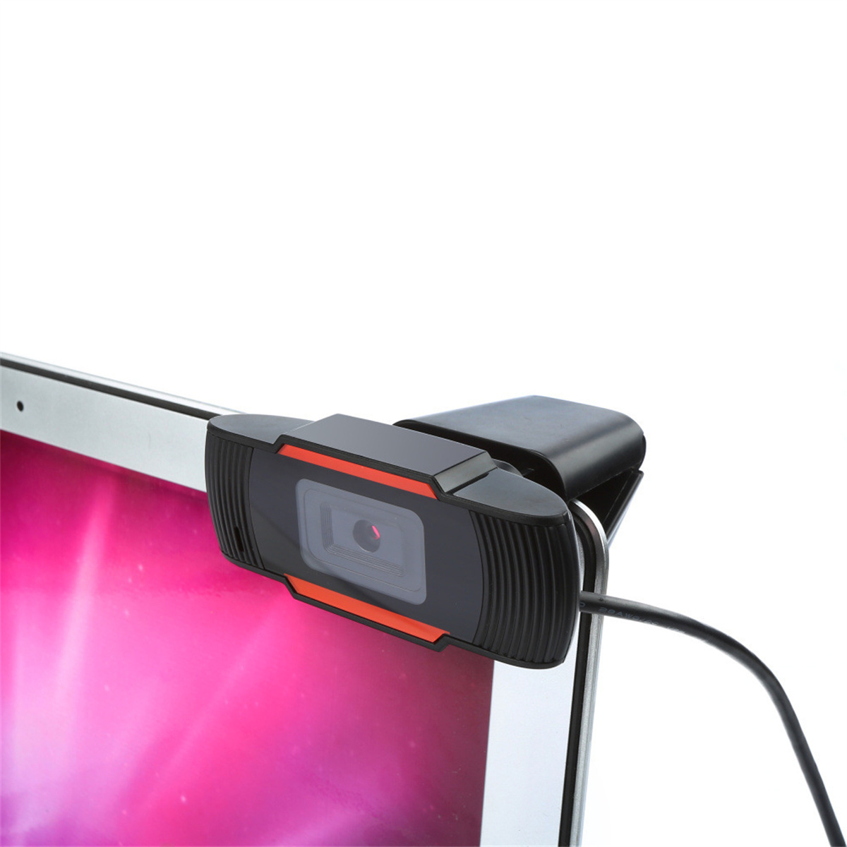 Schwarze und orangefarbene Webcam an einem Tablet befestigt. Das Tablet zeigt ein rosa-rotes Bild.