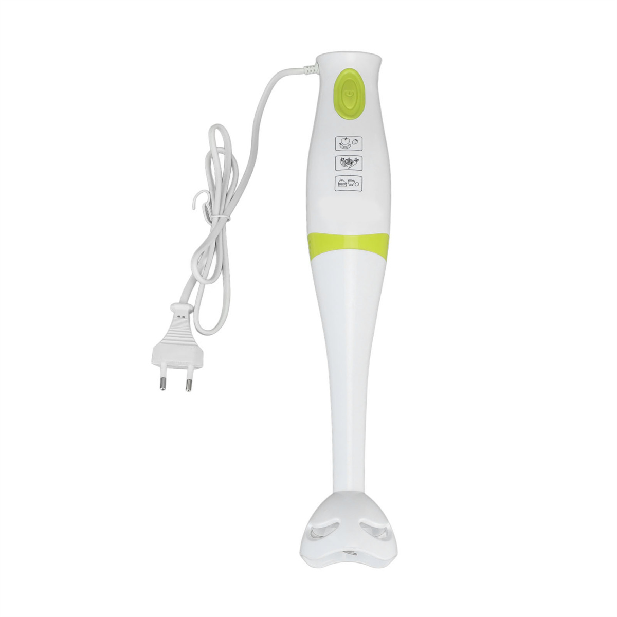 Weißer Stabmixer mit grünen Akzenten, Netzkabel mit Stecker. Auf weißer Oberfläche platziert.