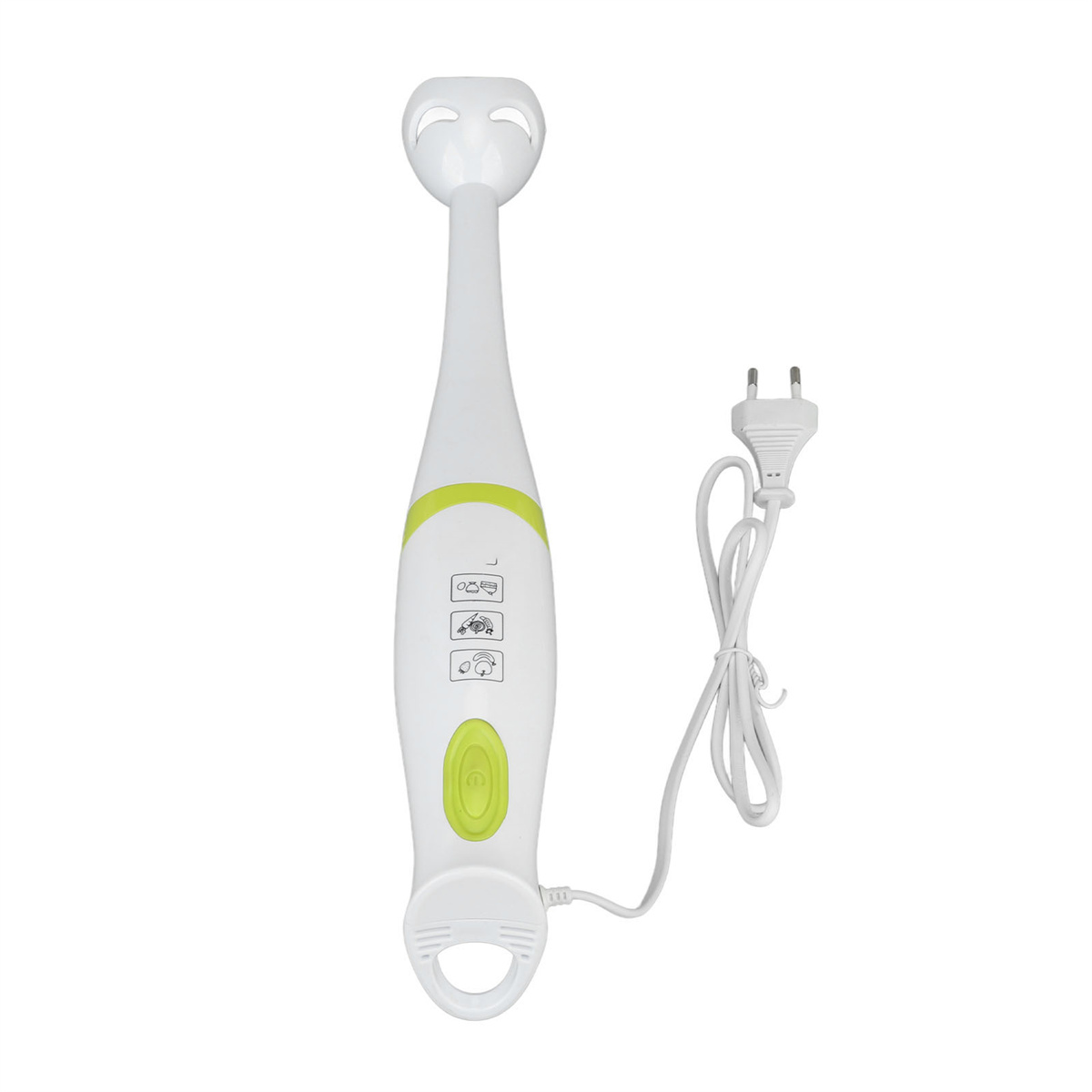 Ein weißer Stabmixer mit grünen Akzenten und einem Netzkabel.