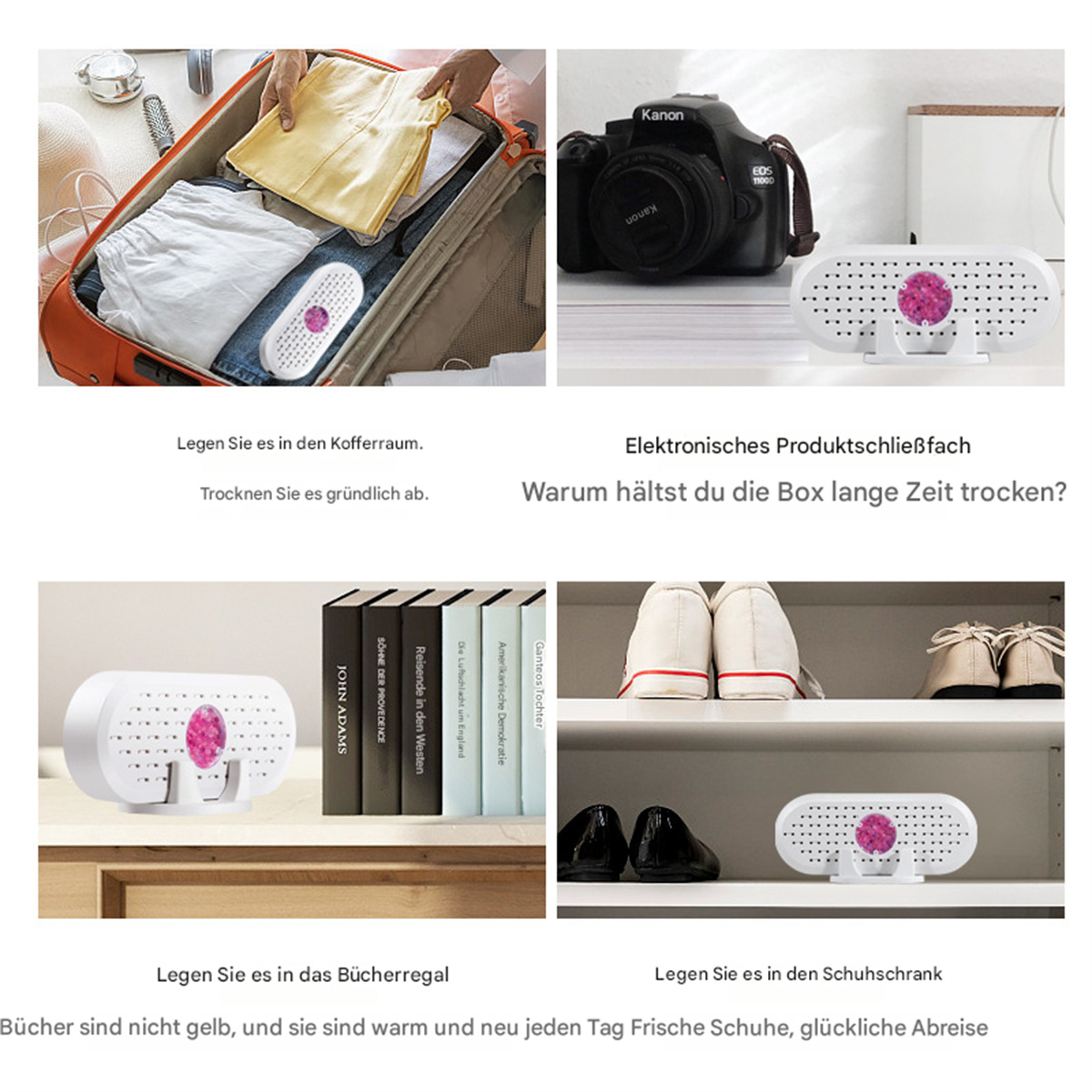 Vier Bilder: Luftentfeuchter im Koffer, trocknende Kleidung; auf dem Bücherregal; im Schuhregal. Alle sind weiß mit rosa Akzenten.