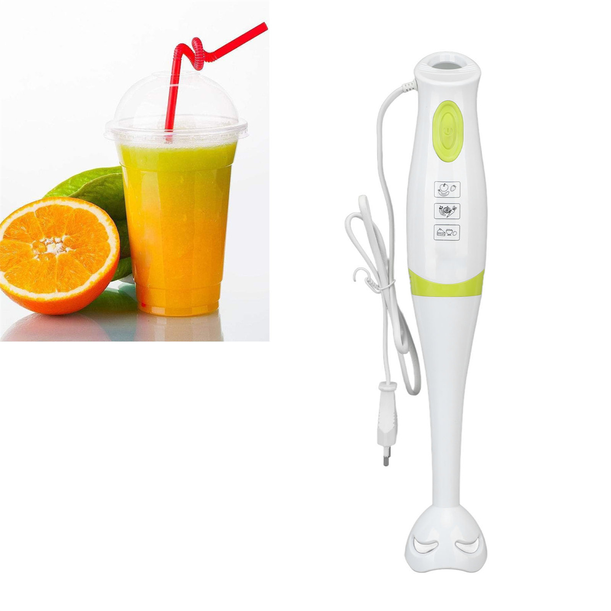 Mixer und eine Tasse Orangensaft mit Strohhalm und einer halben Orange daneben.
