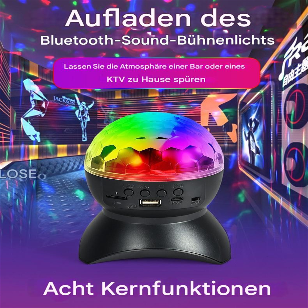 Ein Bluetooth-Lautsprecher in Form einer Discokugel mit Regenbogen-Lichteffekt. Text auf Deutsch im Hintergrund.