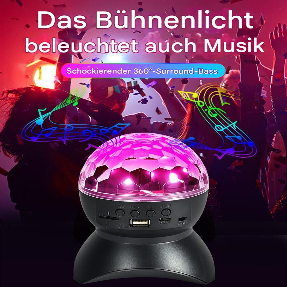 Schwarzer und rosa Discokugel-Lautsprecher. Er hat Knöpfe und einen USB-Anschluss. Schwarze Basis. Dunkler Hintergrund.