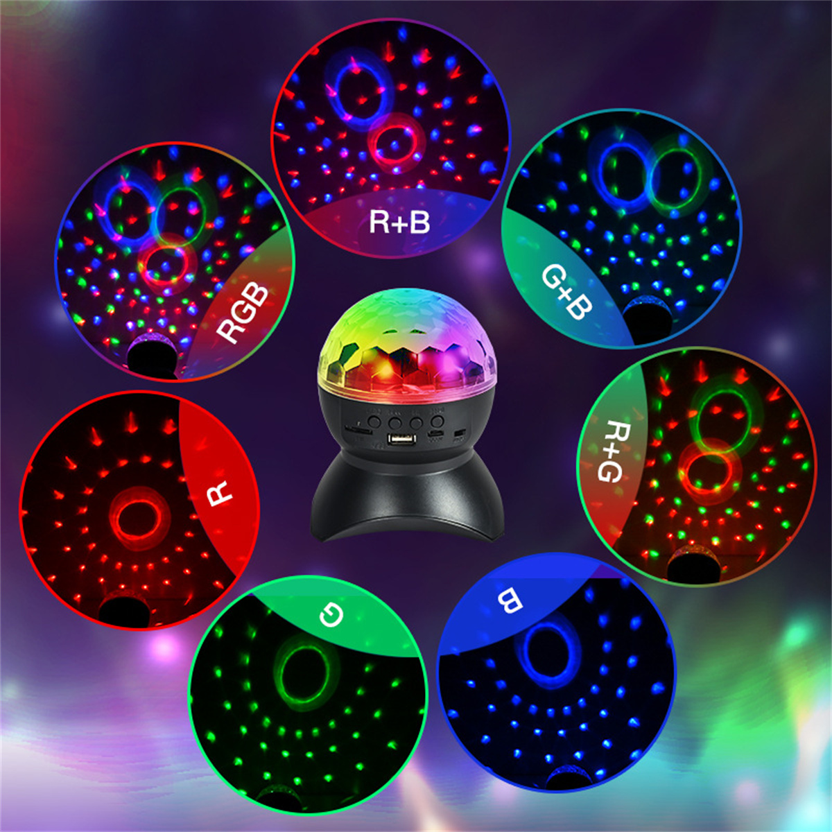 Eine Discokugel mit bunten Lichtern. Die Lichter werden in verschiedenen kreisförmigen Mustern gezeigt.