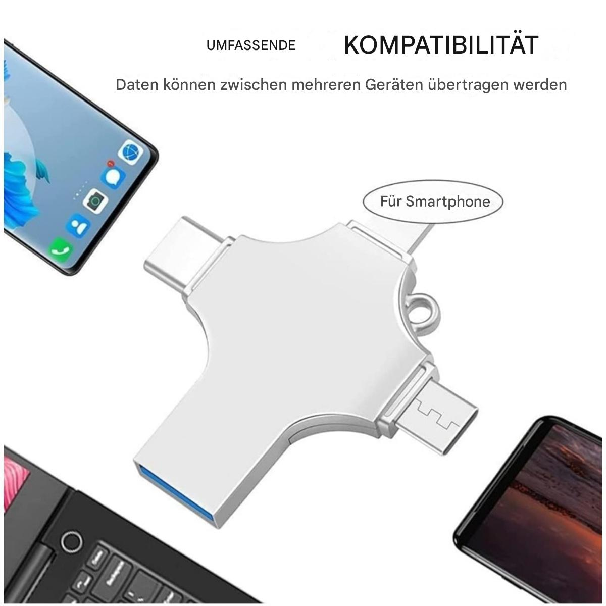 Ein weißer Multi-Connector-USB-Stick mit Telefon, Laptop und Tablet im Hintergrund.