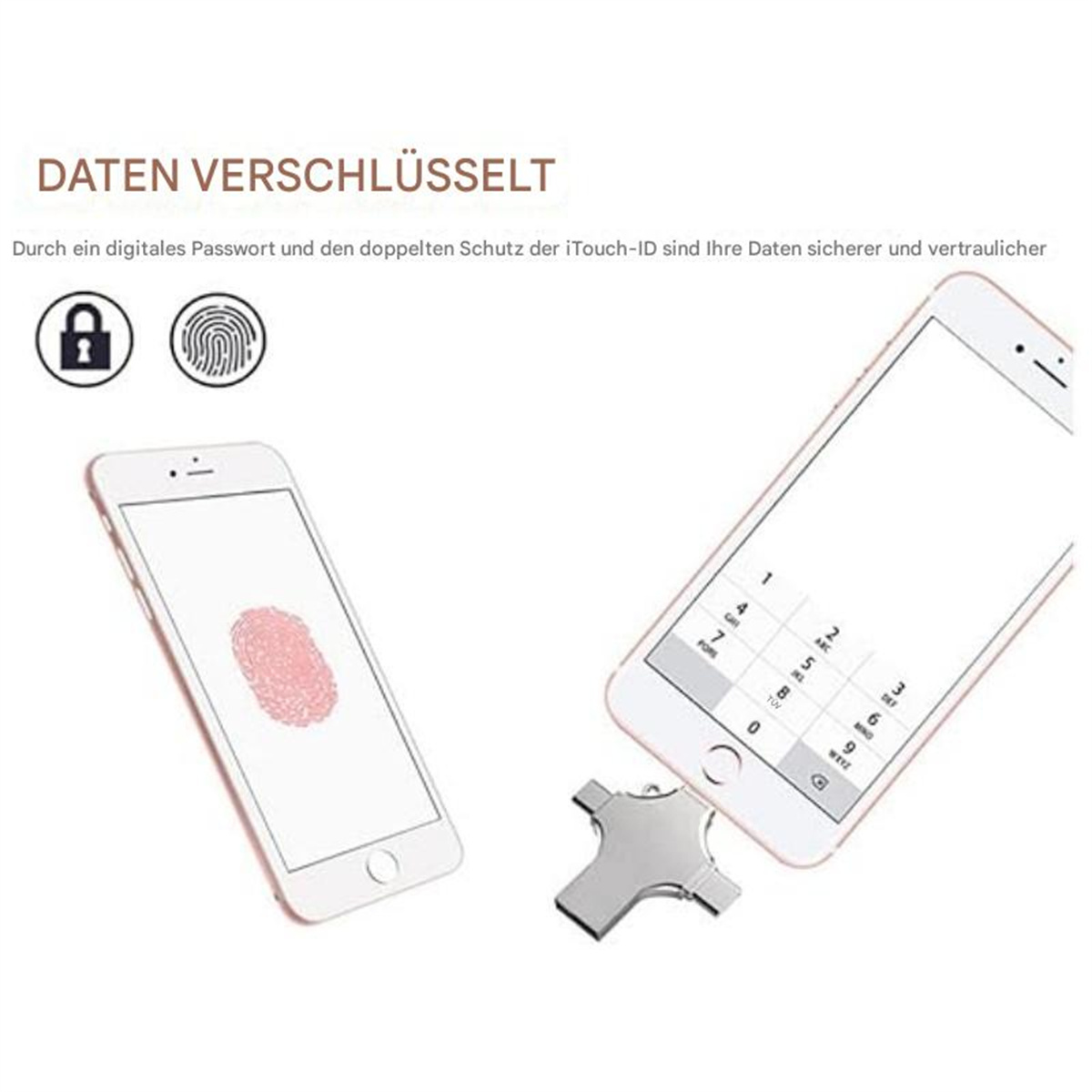 Zwei Smartphones mit Fingerabdruck- und Passwortsymbolen und einem USB-Laufwerk.