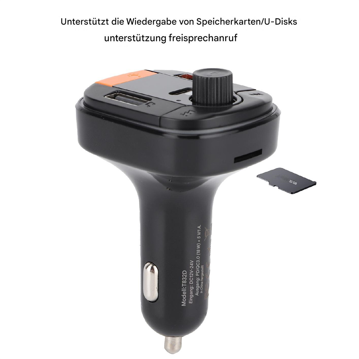 Ein schwarzes Autoladegerät mit USB-Anschlüssen und einem Steckplatz für eine Micro-SD-Karte.