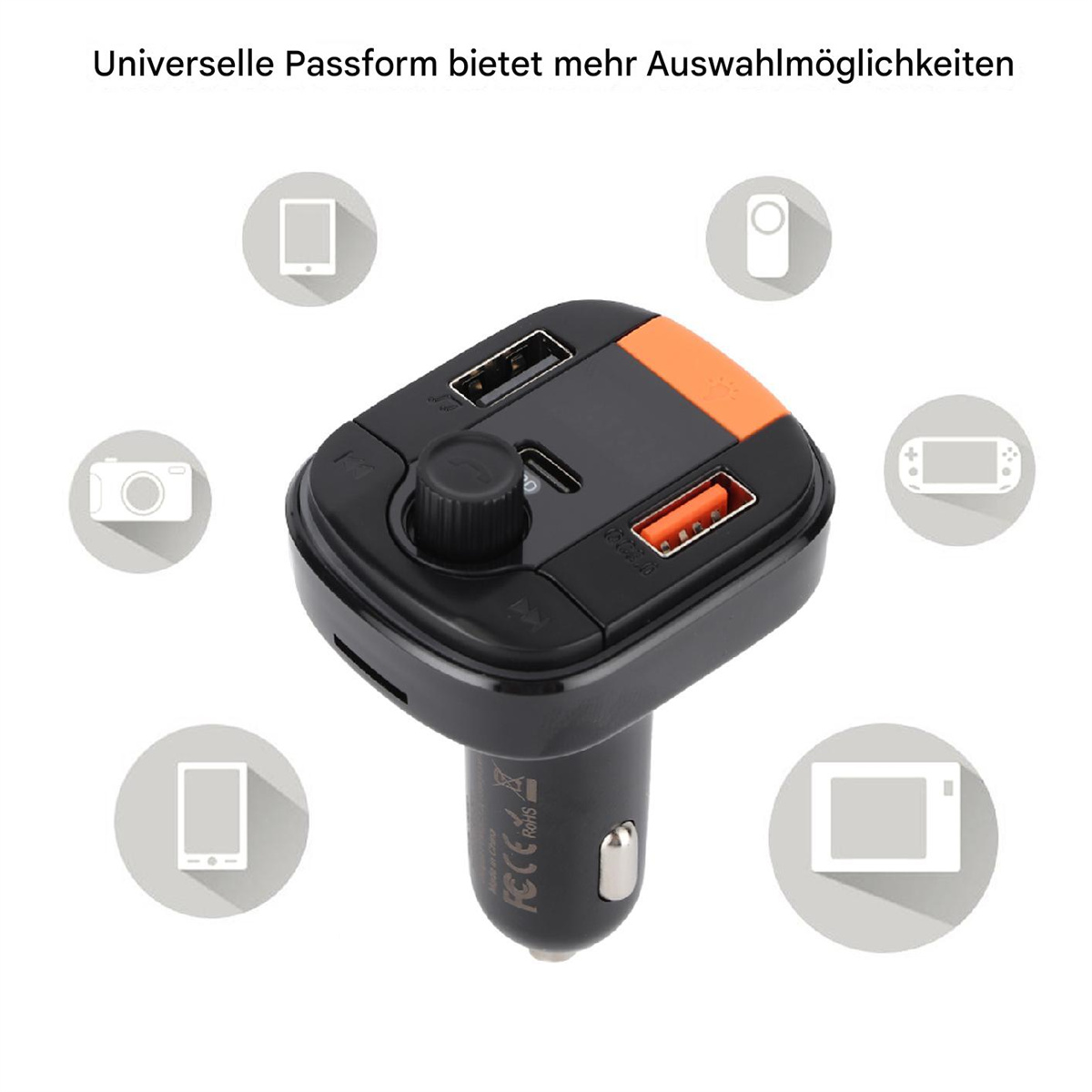 Schwarzes Autoladegerät mit orangefarbenem Akzent, USB-Anschlüssen und einem Knopf, umgeben von Geräte-Symbolen.