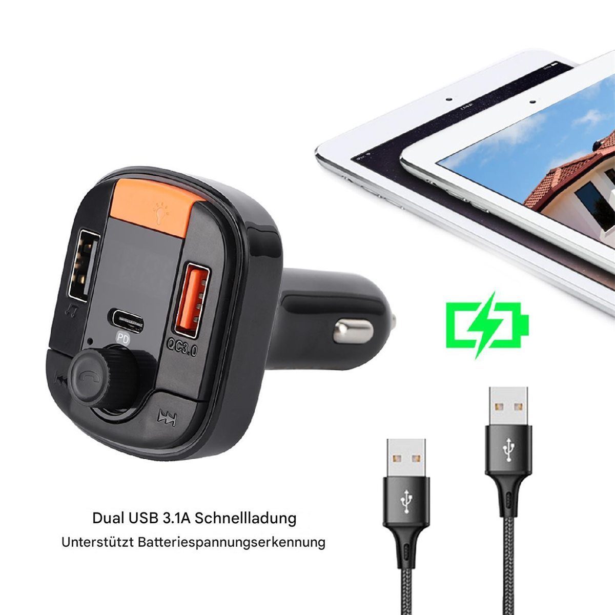 Ein schwarzes und oranges Autoladegerät mit USB-Anschlüssen und einem Tablet, Kabeln und einem Batteriesymbol.