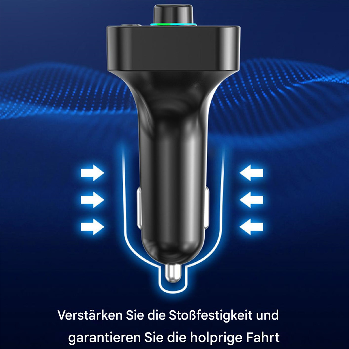 Schwarzes Autoladegerät mit blauen Pfeilen und Text auf Deutsch.