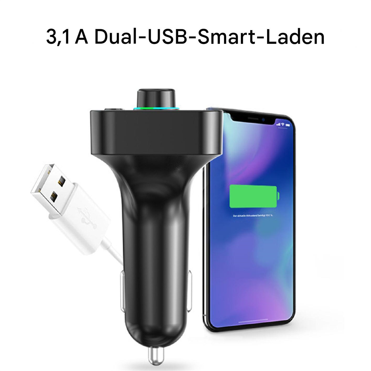 Schwarzes Autoladegerät mit USB-Kabel und Ladetelefon.