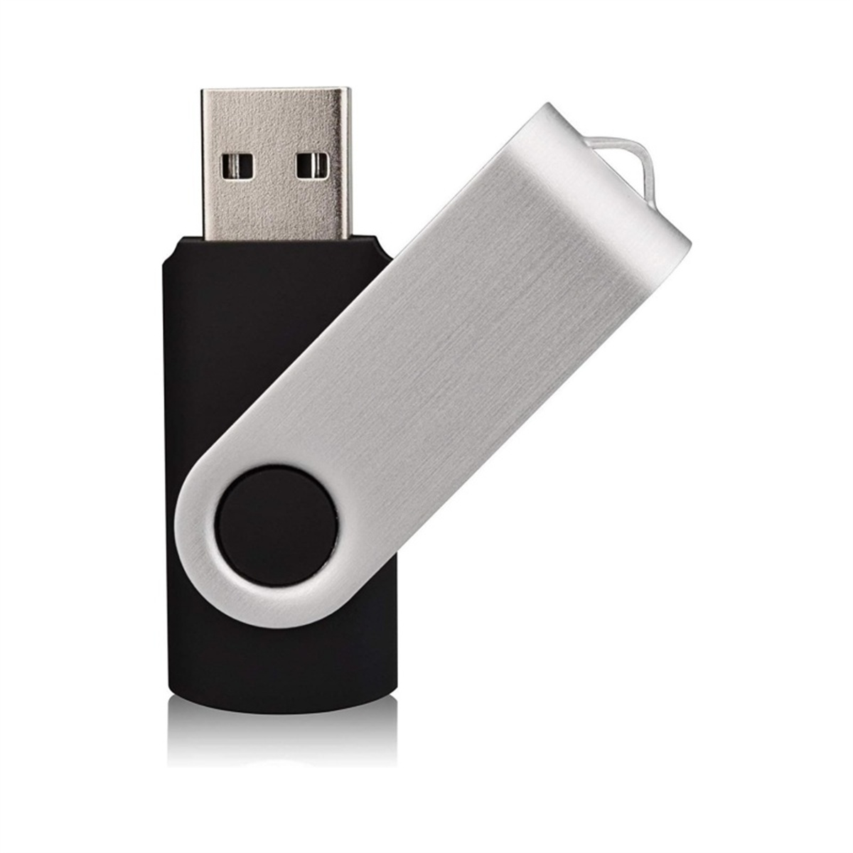Schwarzer und silberner USB-Stick mit geöffnetem silbernen Teil. Weißer Hintergrund.