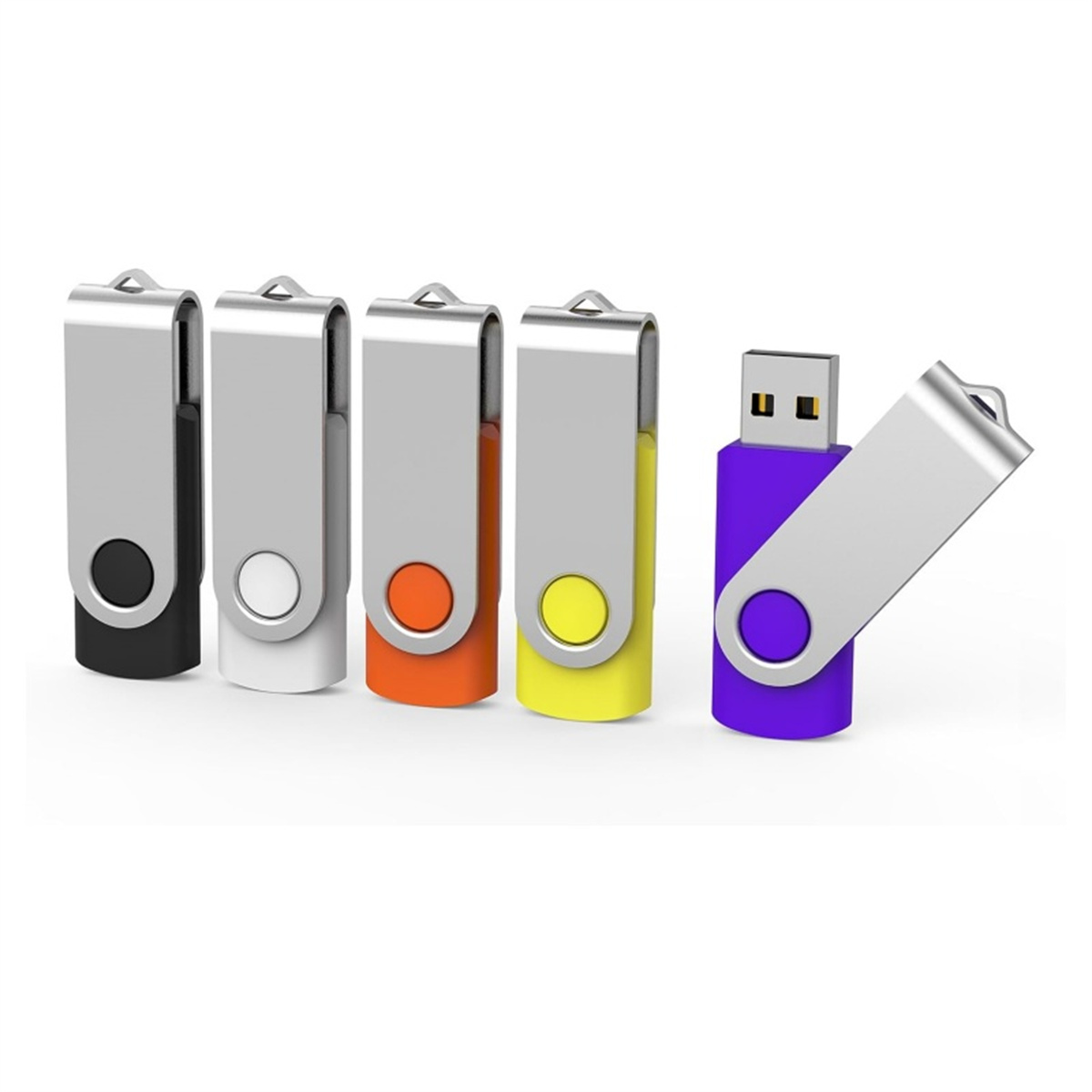 Fünf USB-Sticks. Schwarz, weiß, orange, gelb und lila mit Metallabdeckungen.