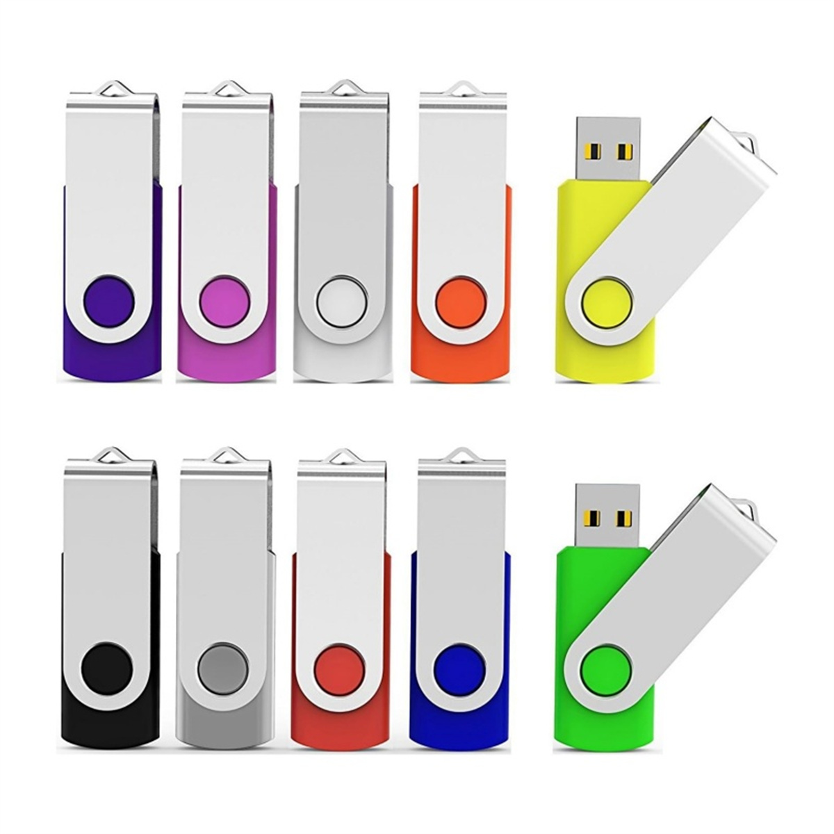 Satz USB-Sticks in verschiedenen Farben: Lila, Rosa, Weiß, Orange, Gelb, Schwarz, Rot, Blau und Grün.
