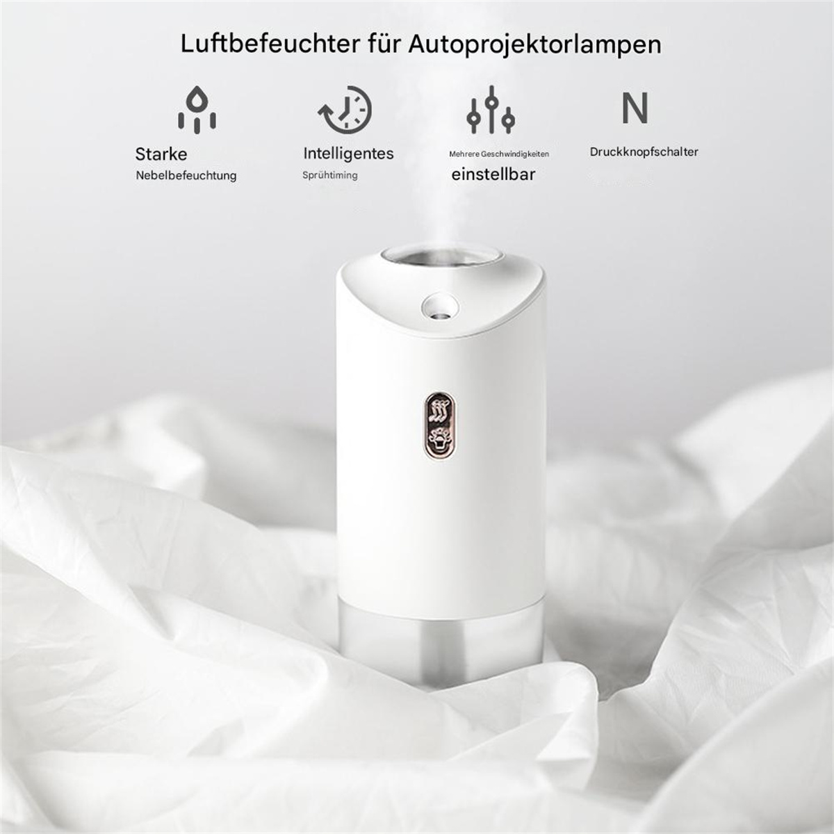 Weißer Luftbefeuchter mit Symbolen. Text oben: 'Luftbefeuchter für Autoprojektorlampen'.