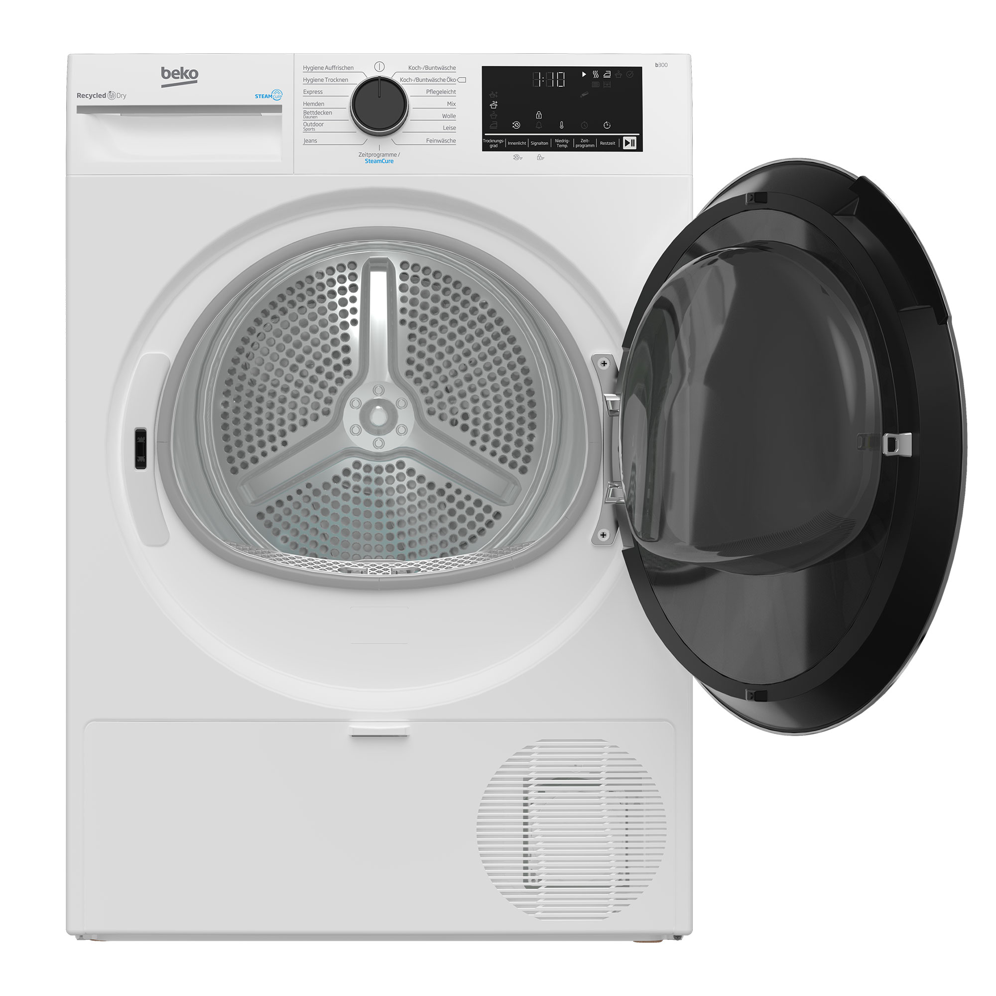 Weißer Beko-Trockner mit offener schwarzer Tür. Innere Trommel sichtbar. Bedienfeld oben rechts.