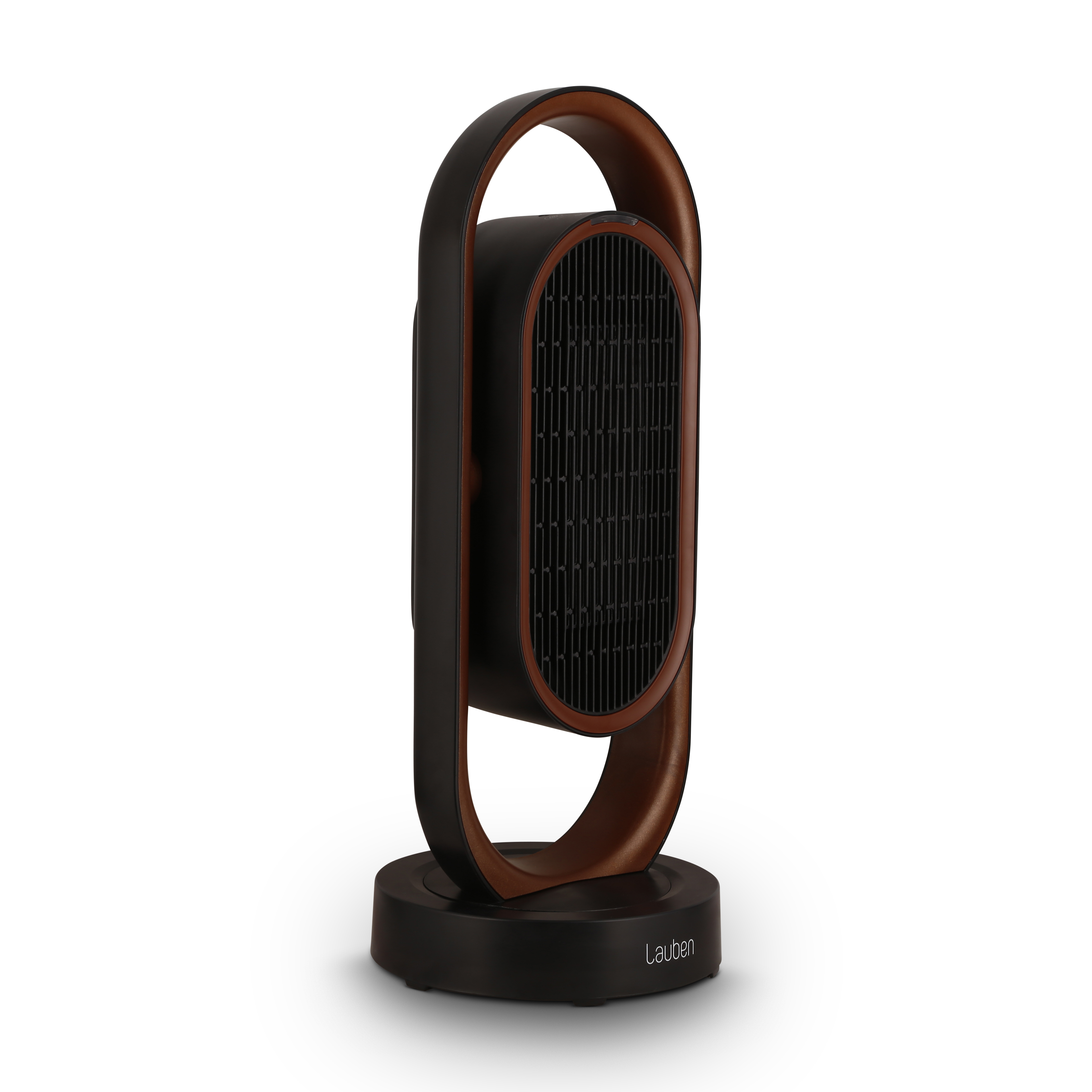 Termoventilatore nero e marrone a forma ovale su sfondo bianco.