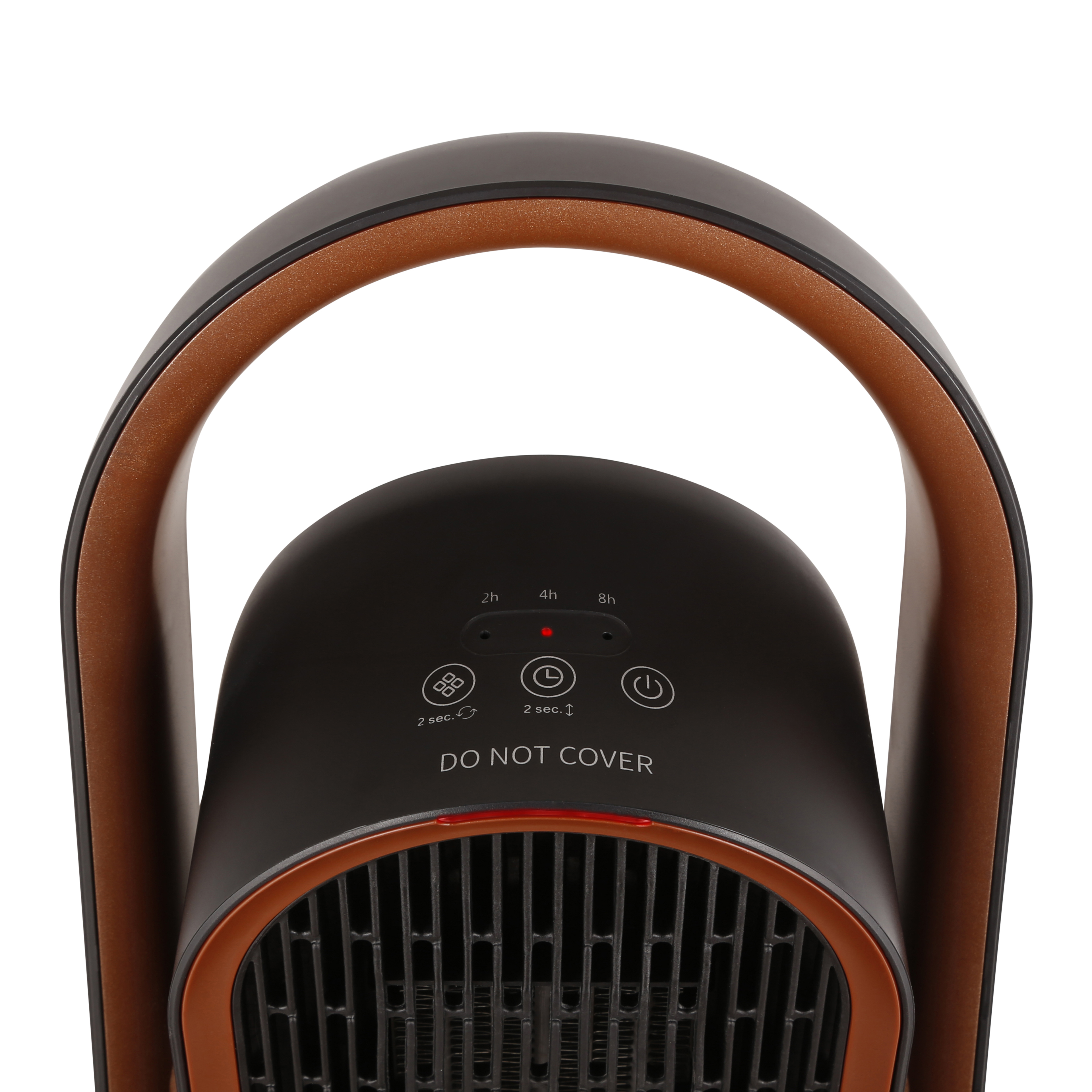 Termoventilatore portatile nero e marrone con pannello di controllo.